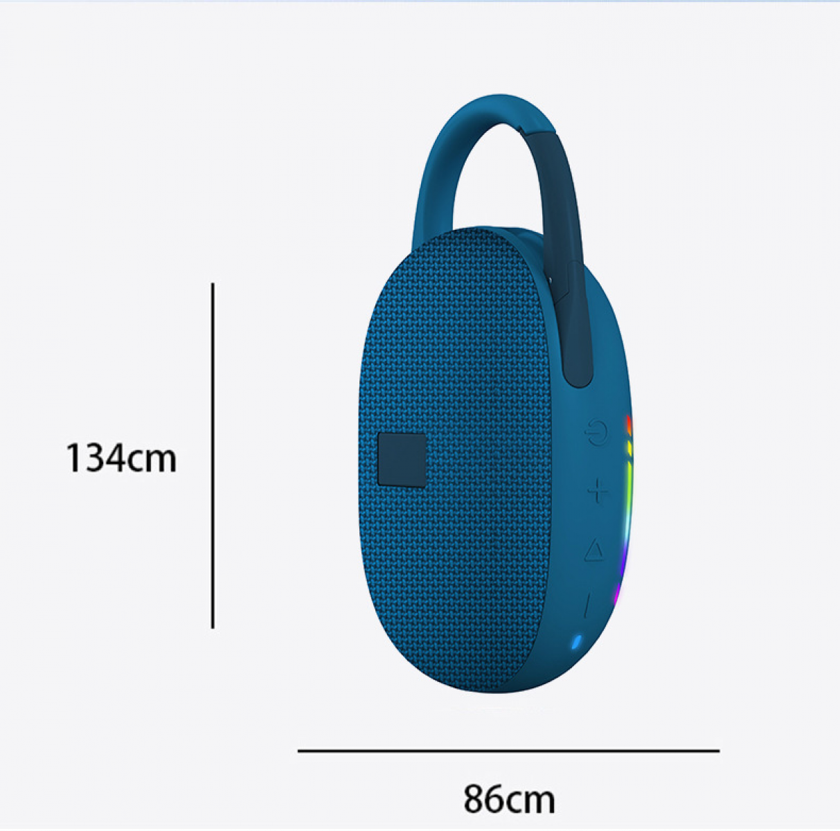 Ein blauer Bluetooth-Lautsprecher mit Griff und farbiger LED-Beleuchtung.