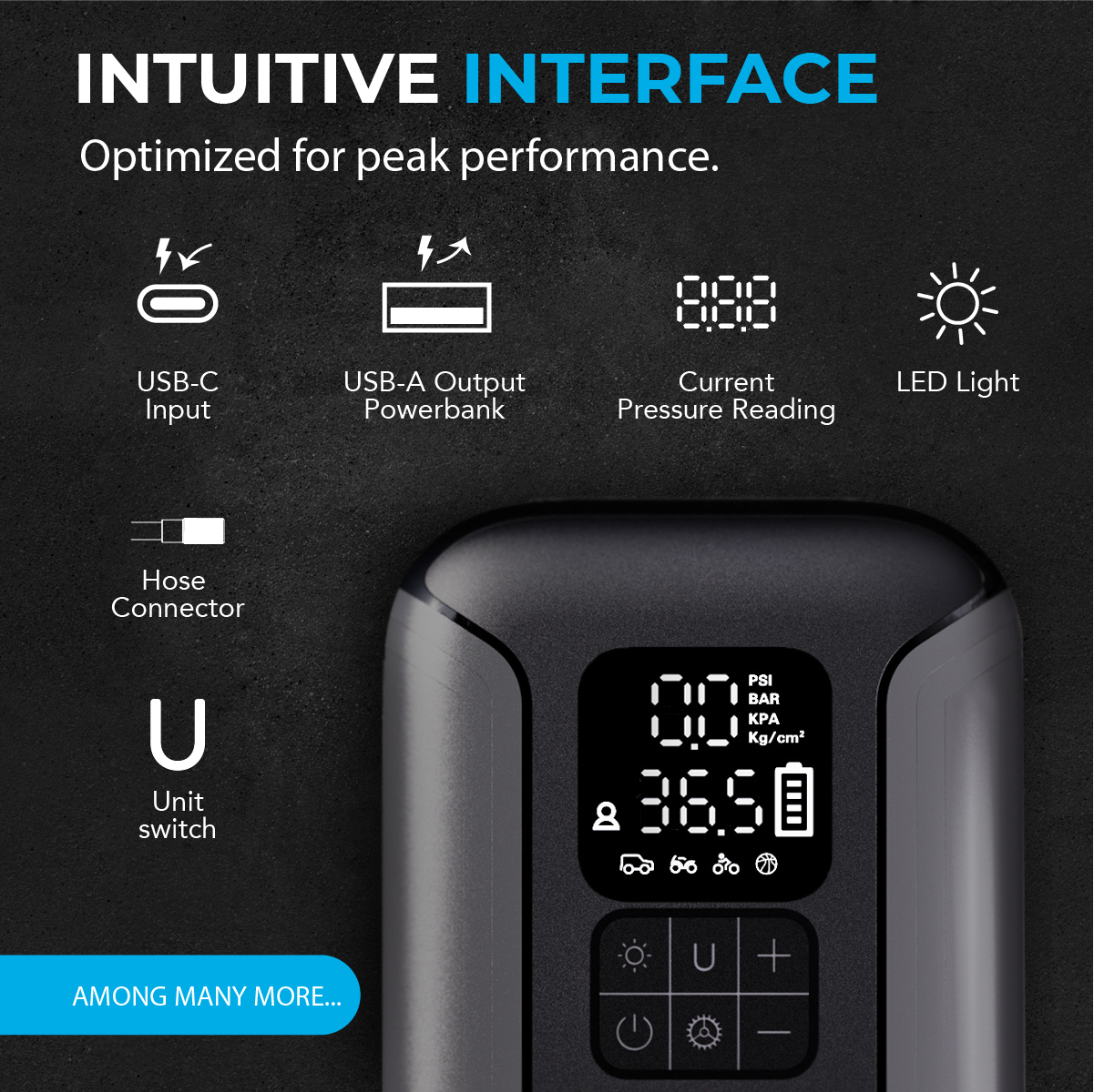 Interfaz intuitiva con USB-C, USB-A, pantalla de presión, LED, conector de manguera y selector de unidad.