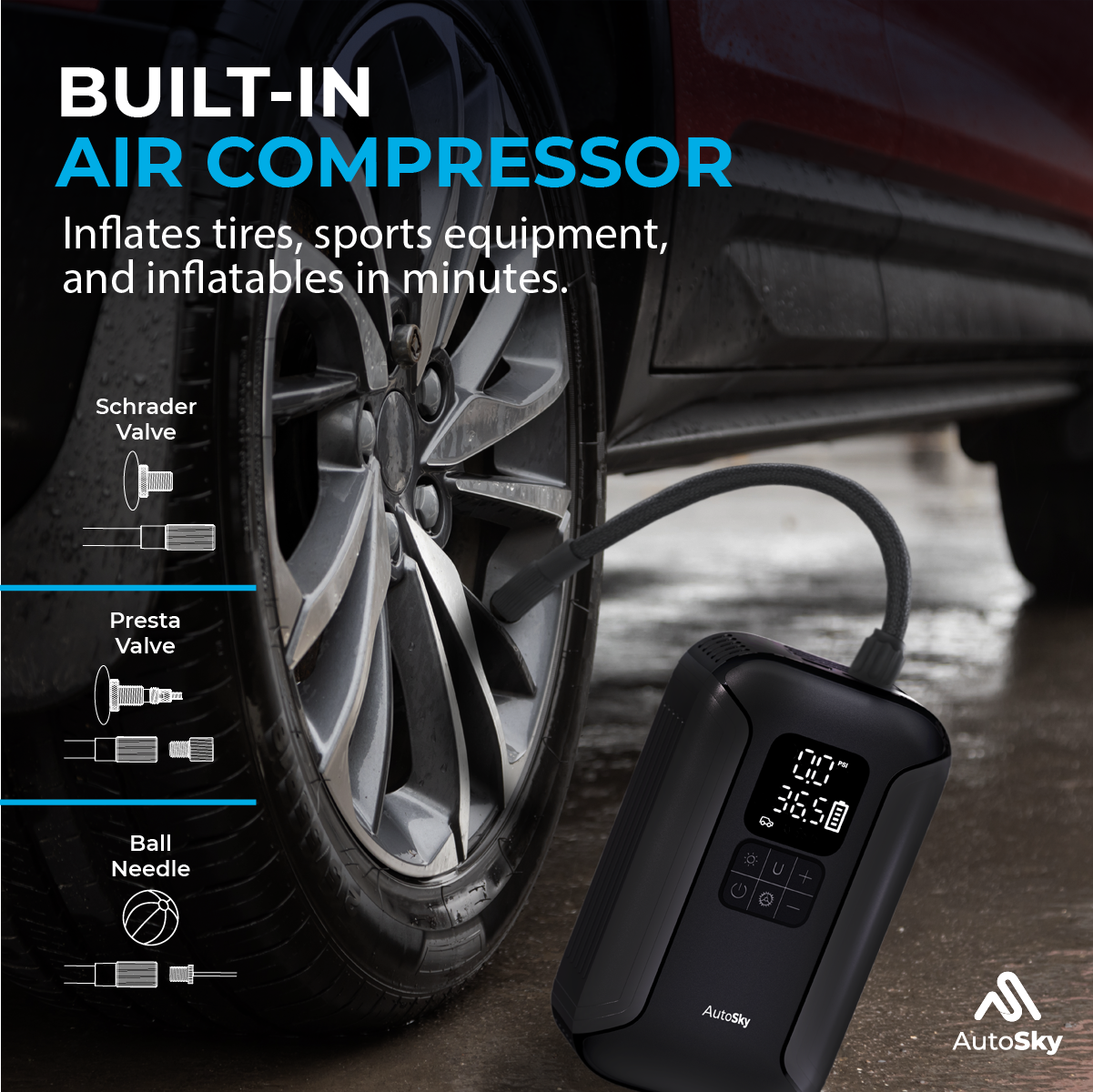 Un compresor de aire portátil infla un neumático de coche. La pantalla muestra 36,5 PSI.