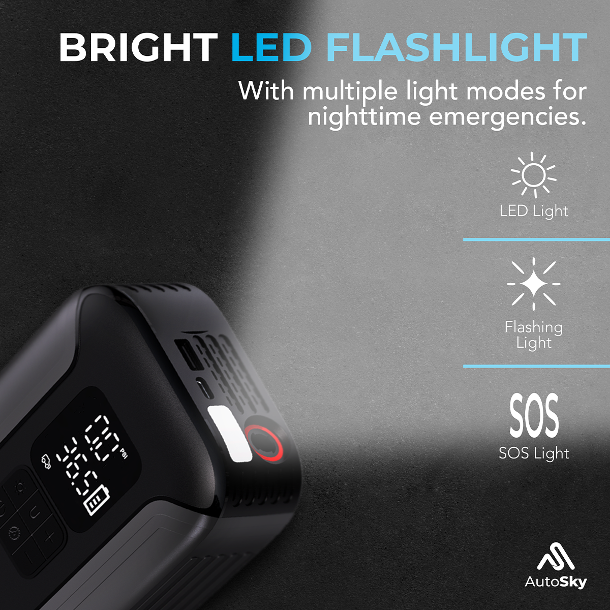 Dispositivo negro con pantalla digital muestra 46,5 PSI. Texto: Linterna LED brillante.