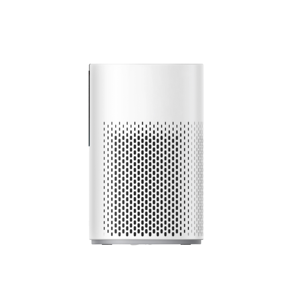 Un purificateur d'air blanc avec un motif perforé sur le devant.