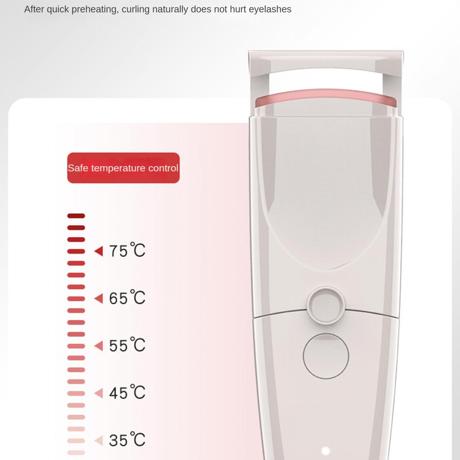 Weißer elektrischer Wimpernformer mit Temperatureinstellungen 35-75°C. Sichere Steuerung.