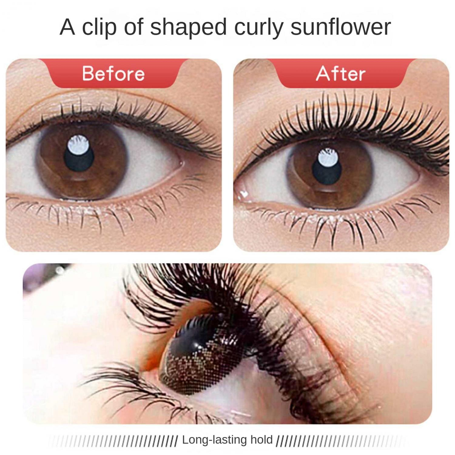 Vorher-Nachher-Vergleich von Wimpern. Das untere Bild zeigt Wimpern mit Mascara.
