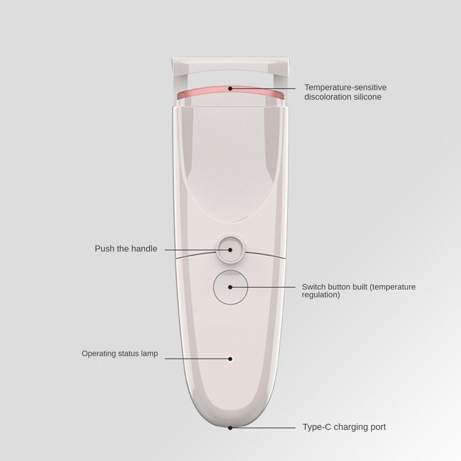 Ein weißer elektrischer Wimpernformer mit einem rosa Silikonband und Bedienelementen.