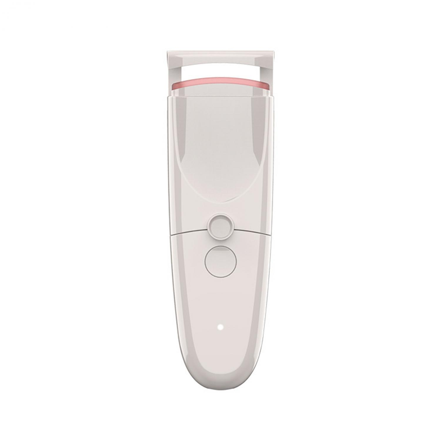 Ein weißer elektrischer Wimpernformer mit rosa Silikonpad und zwei Knöpfen.