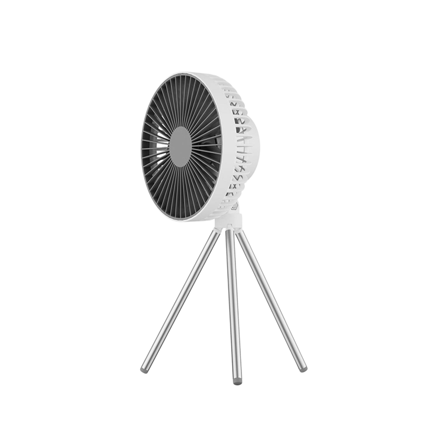 Ein weißer Ventilator mit silbernem Stativ steht auf weißem Hintergrund.