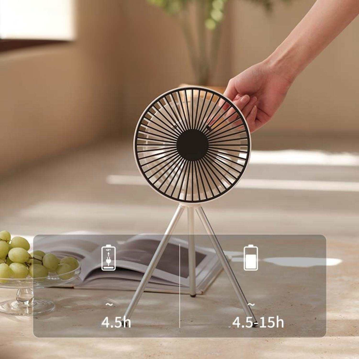 Ein kleiner weißer Ventilator auf einem Stativ mit einer Hand, die ihn berührt.