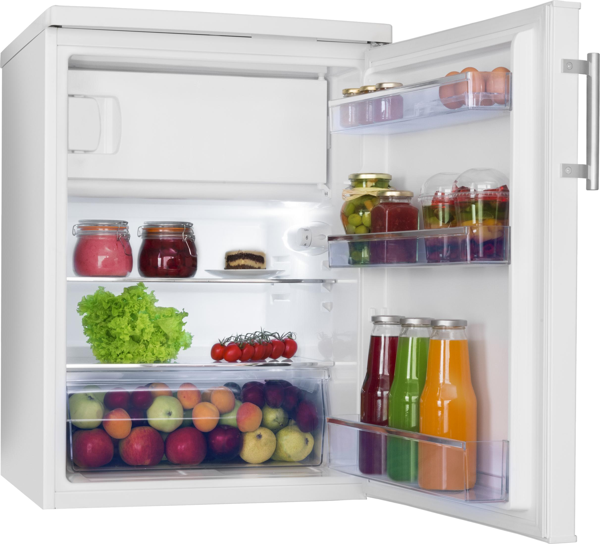 Ein offener Kühlschrank mit Obst, Gemüse, Eiern und Getränken.
