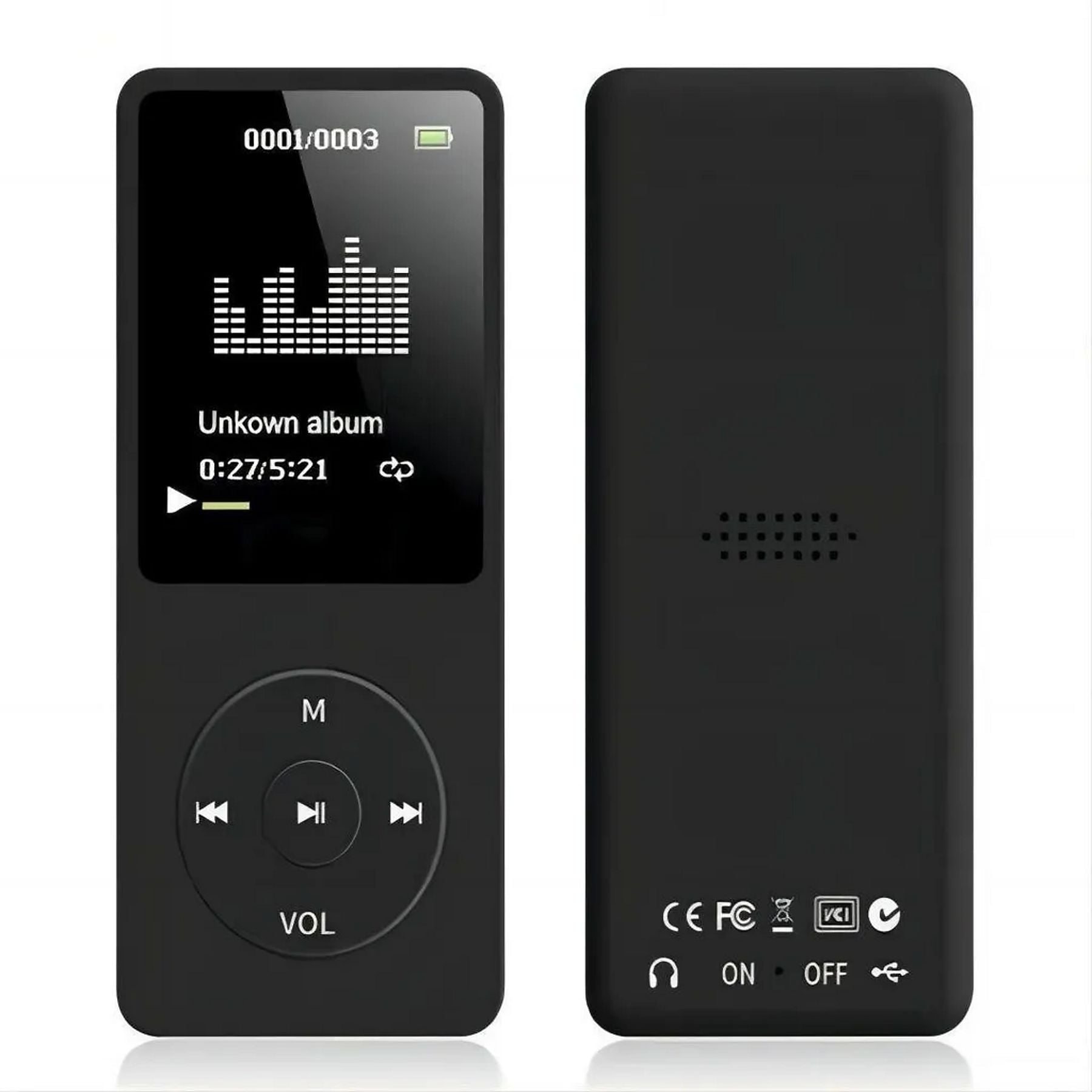 Schwarzer MP3-Player vorne mit Bildschirm und Titelinfo; Rückseite zeigt Logos und Tasten.