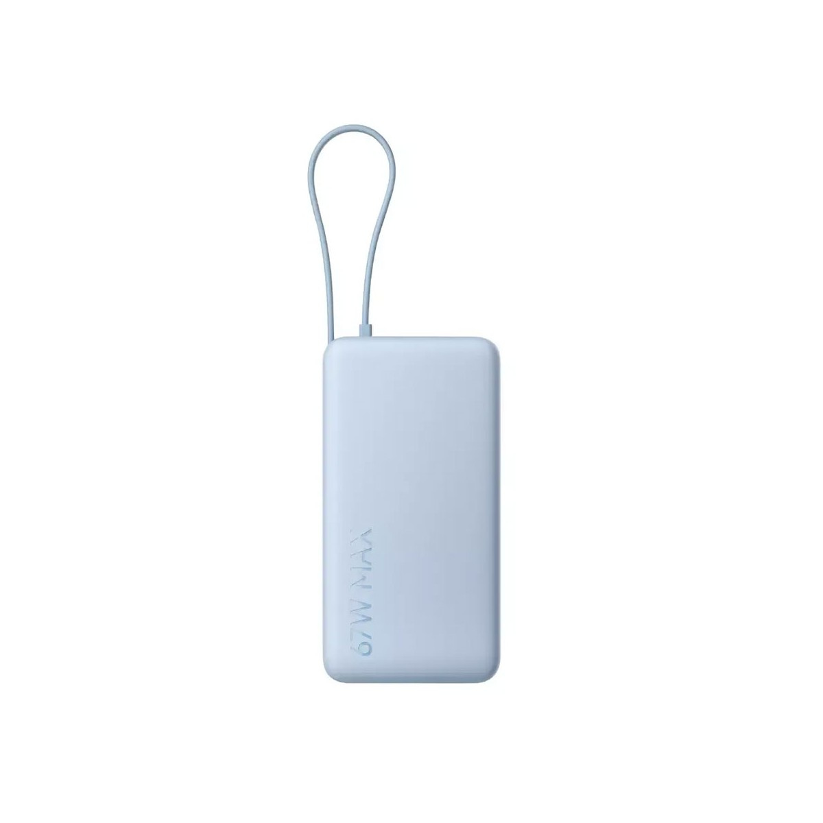 Une banque d'alimentation bleu clair avec une sangle en boucle est sur fond blanc.