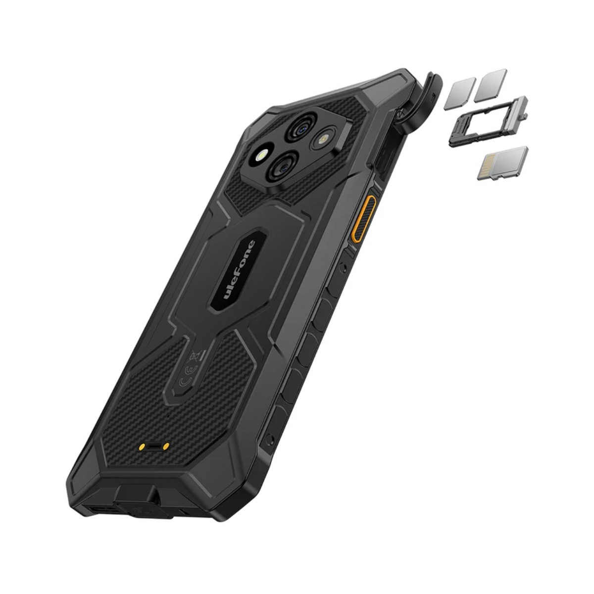 Czarny telefon Ulefone z trzema aparatami i wyjmowaną tacką na kartę SIM/SD.
