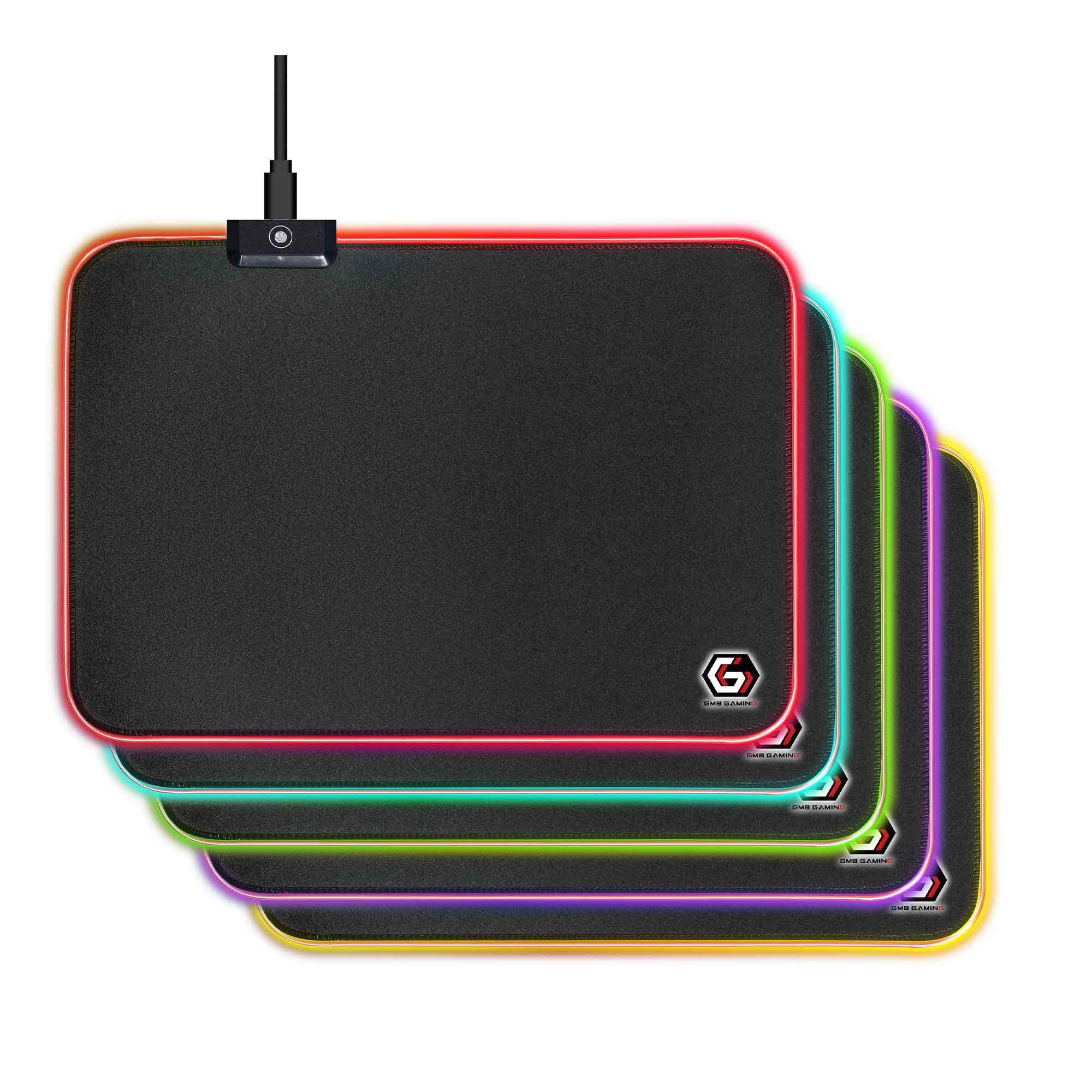 Plusieurs tapis de souris RVB empilés, montrant des lumières rouge, turquoise, verte, violette et jaune.