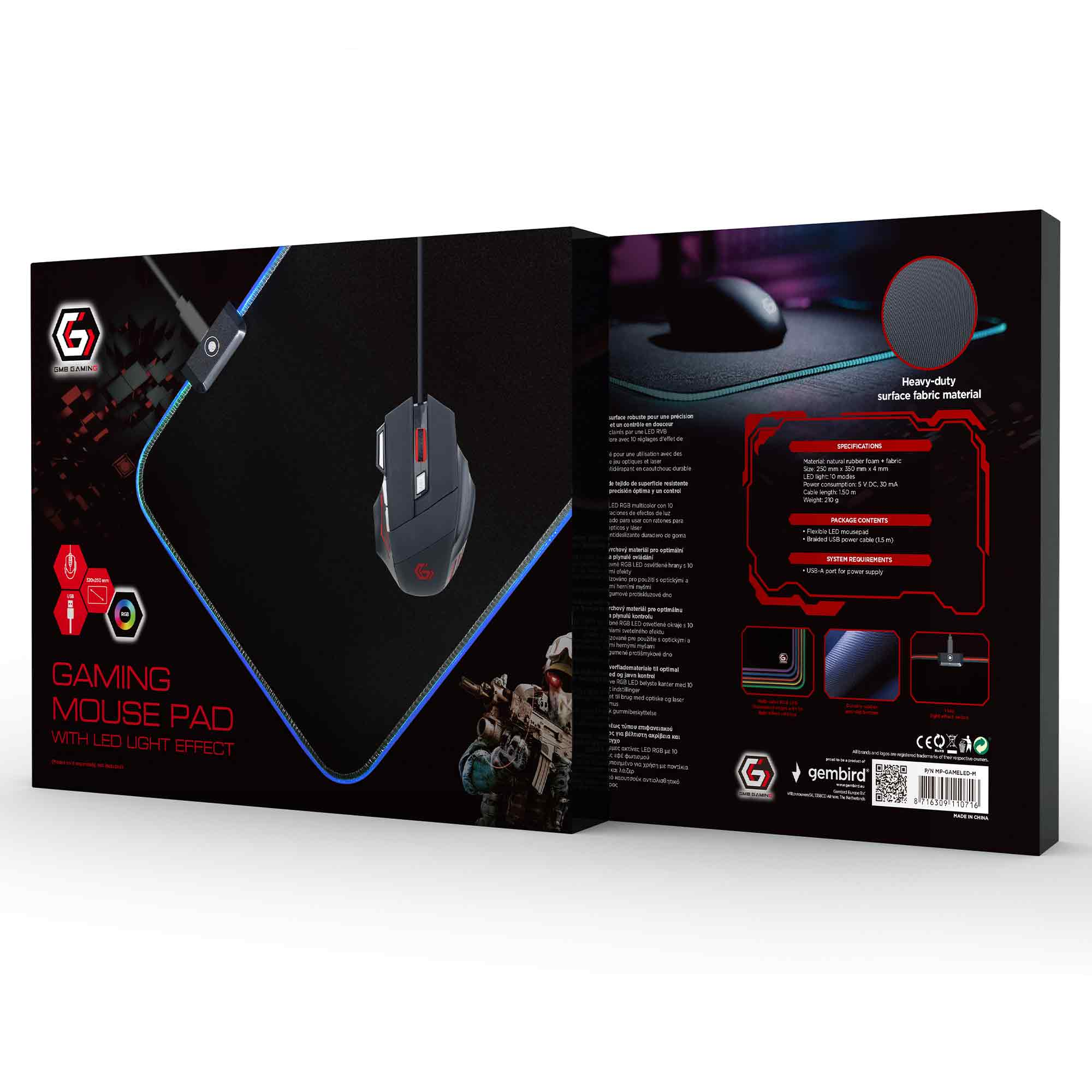 Tapis de souris gaming avec éclairage LED RVB et surface textile.
