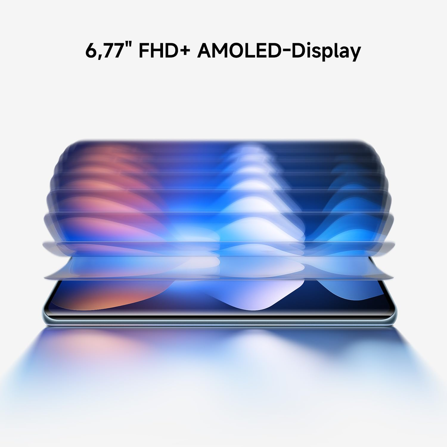 6,77 Zoll FHD+ AMOLED-Display mit blau-orangen Wellenmustern.