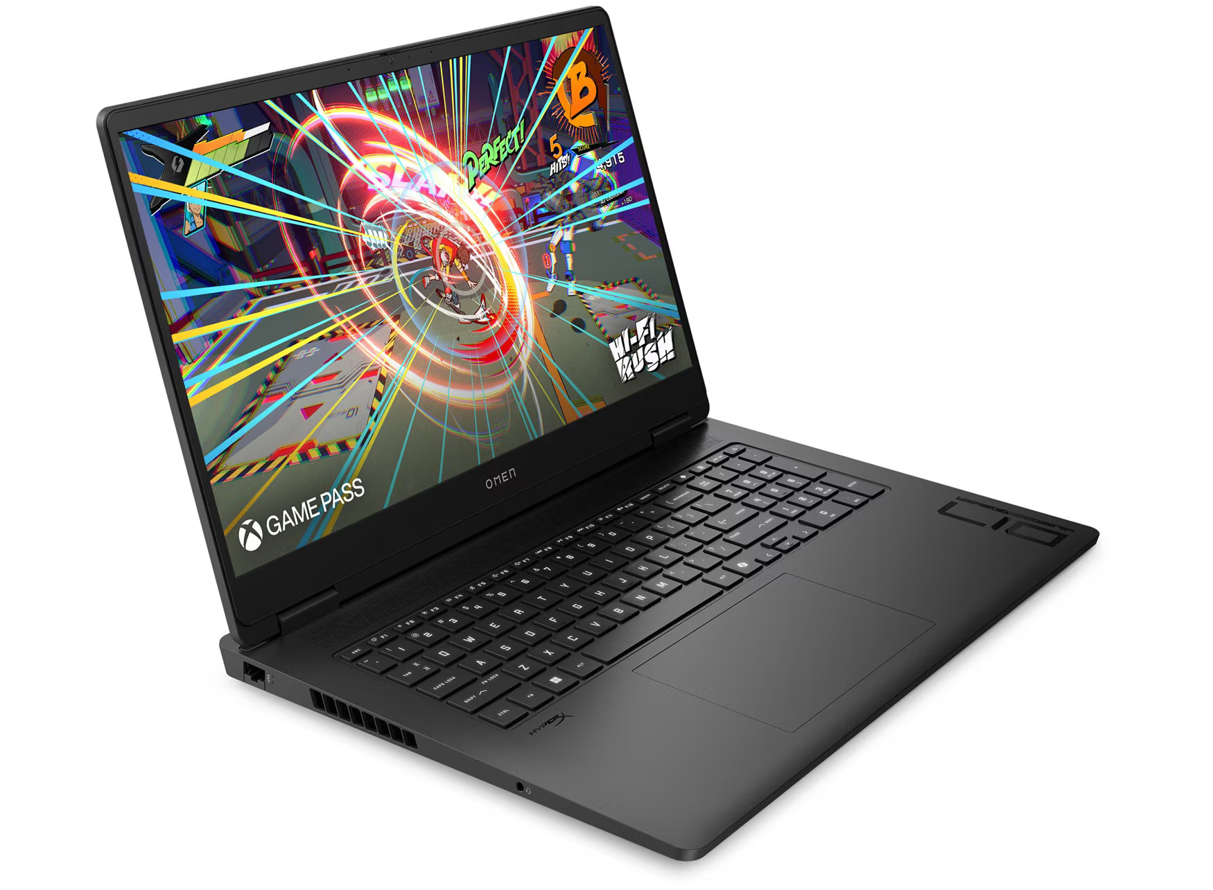 Ein schwarzer HP Omen Laptop zeigt ein lebendiges Videospiel mit bunten Grafiken und dem Game Pass Logo.