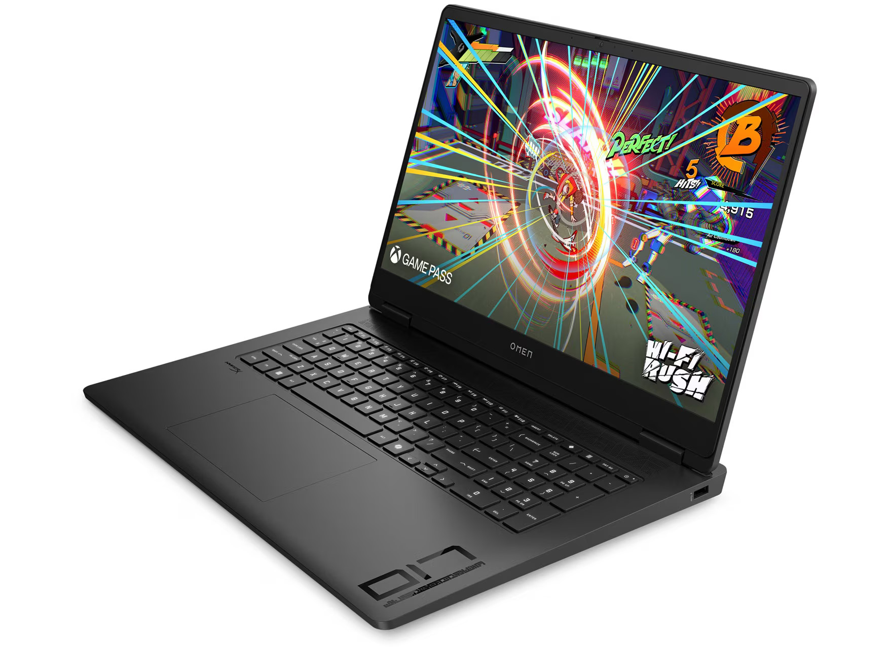 Schwarzer Laptop mit laufendem Spiel auf dem Bildschirm, das bunte Grafiken zeigt.