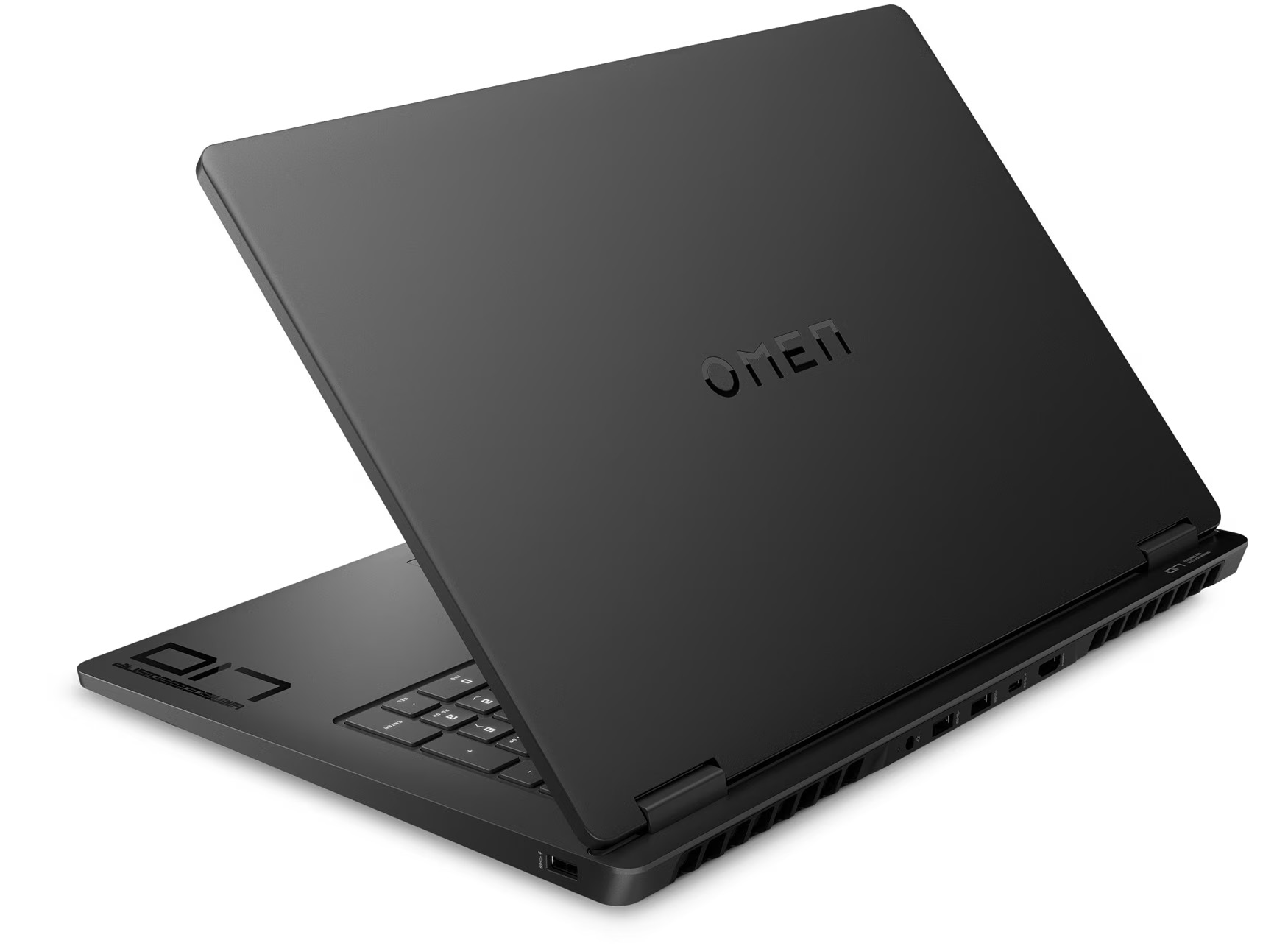Schwarzer Laptop mit Omen-Logo auf dem Deckel und "O17" auf dem Gehäuse.