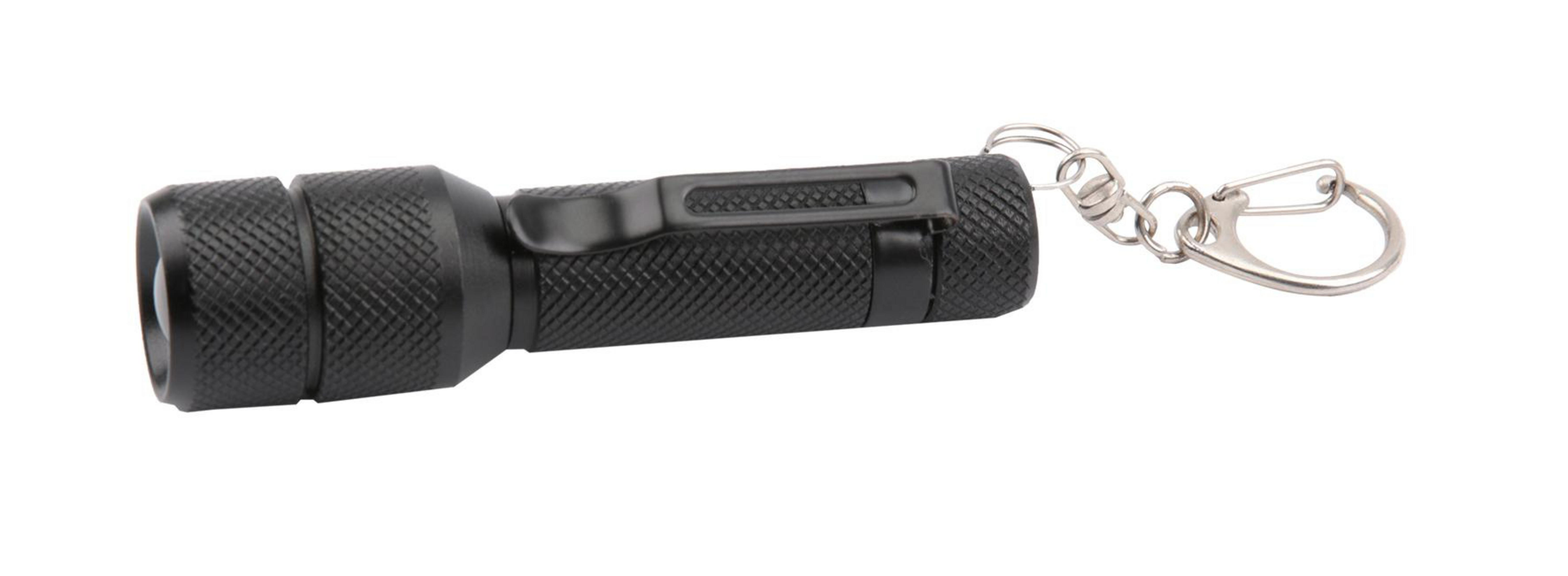 Kleine schwarze Taschenlampe mit Schlüsselring und Clip.
