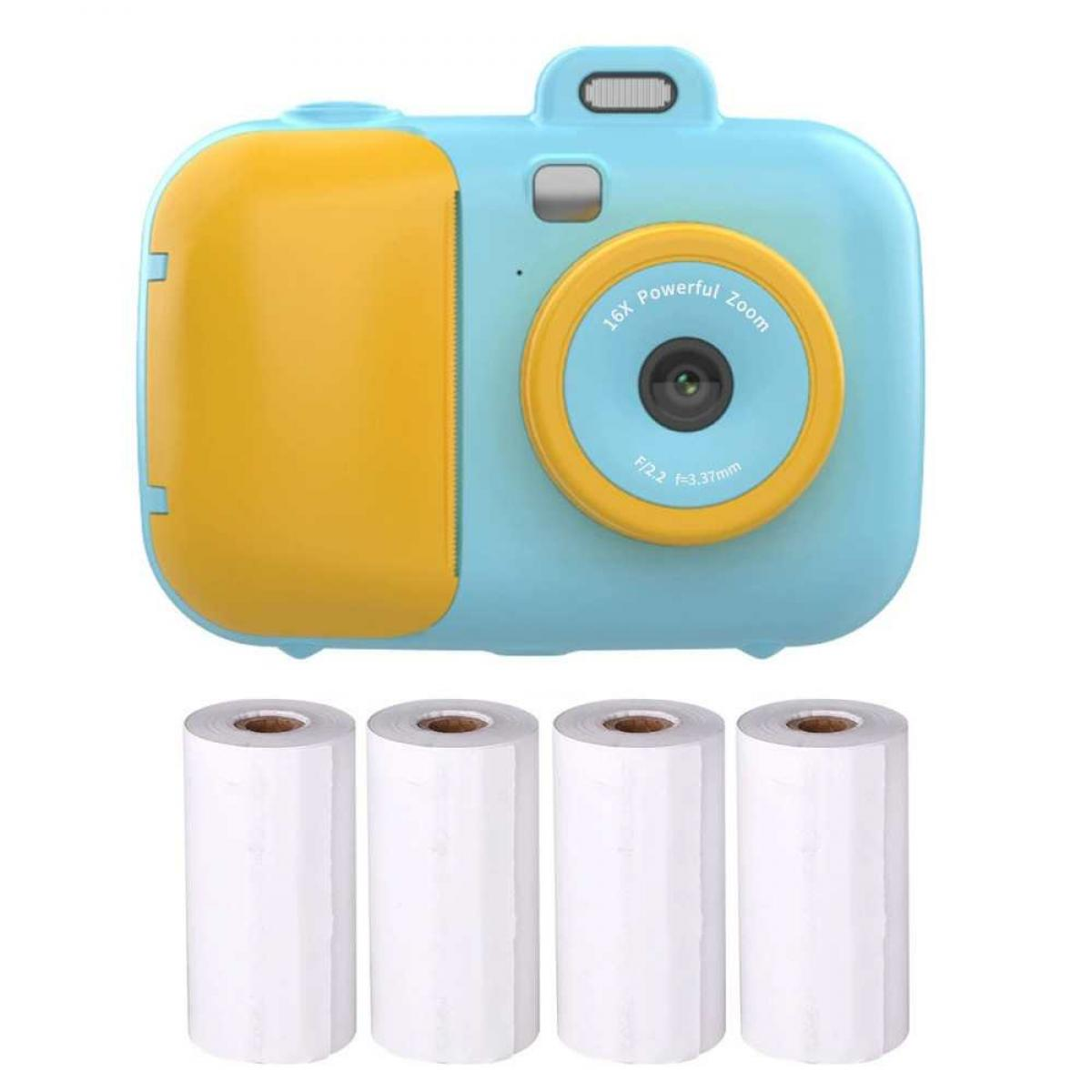 Blau-gelbe Digitalkamera für Kinder mit vier weißen Papierrollen.