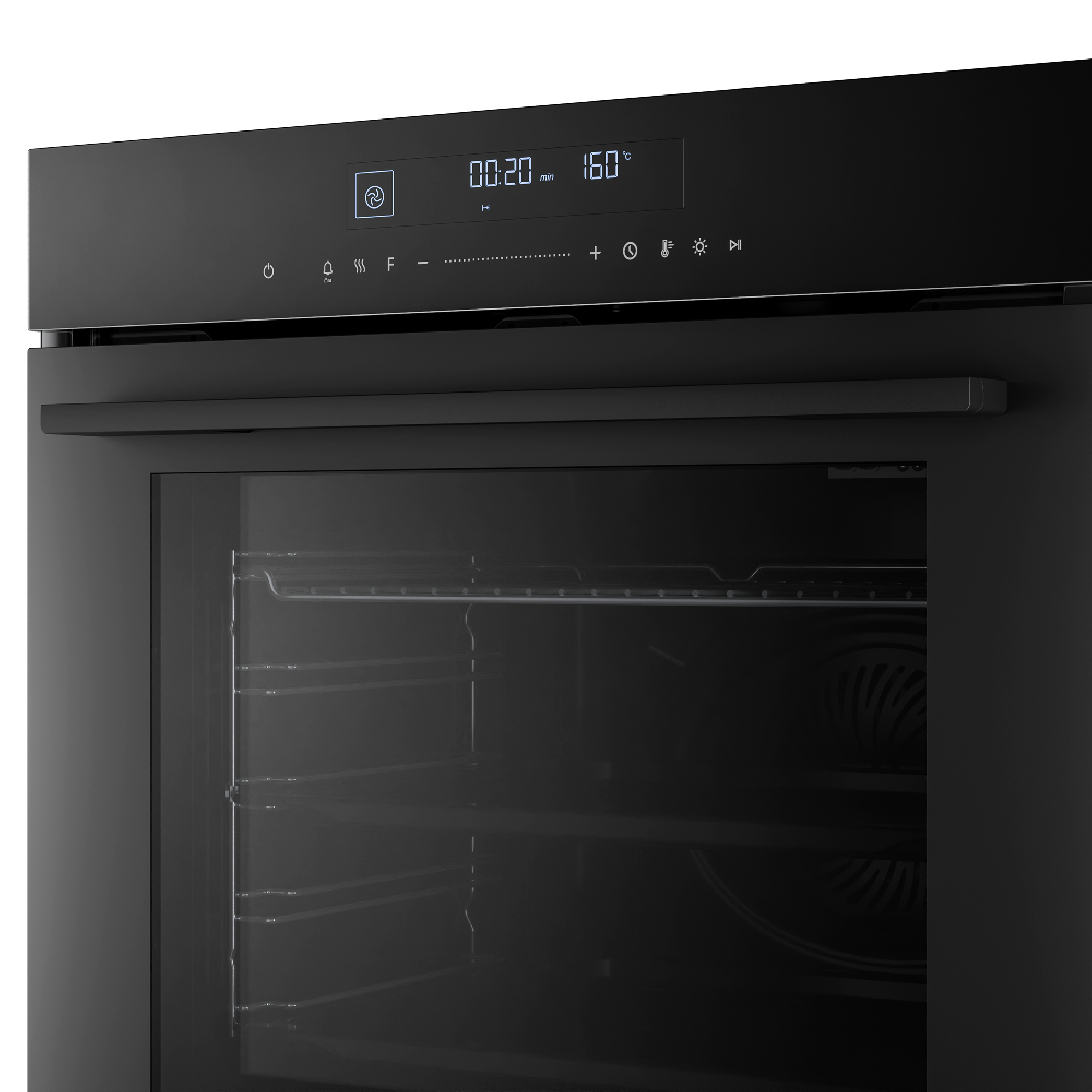Schwarzer Ofen mit digitaler Anzeige, Zeit 00:20 und Temperatur 160°C.