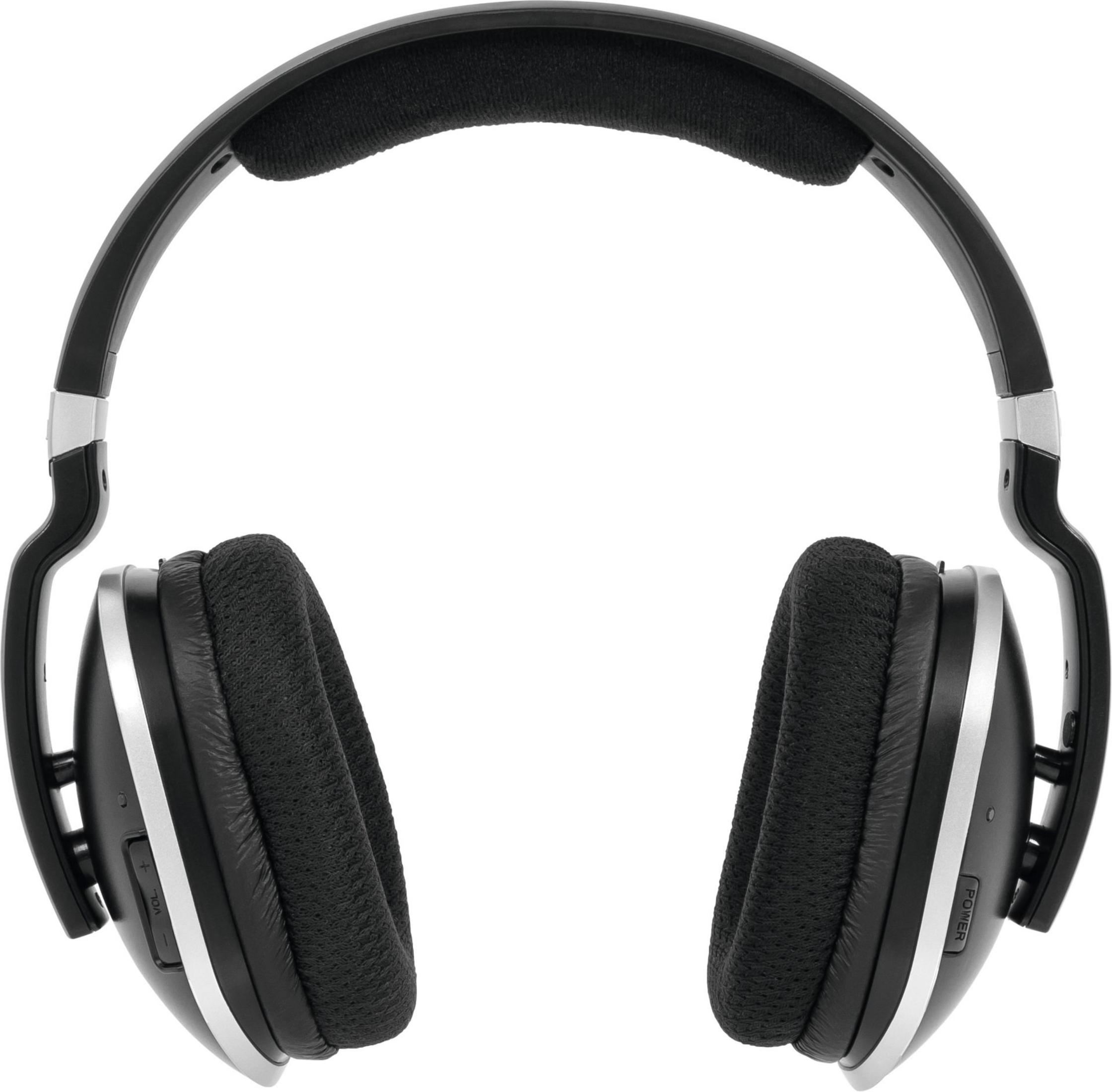 Czarne słuchawki z srebrnymi akcentami na białym tle.