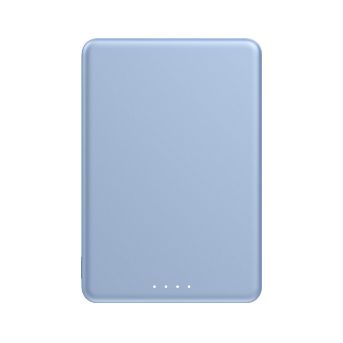 Un dispositivo rettangolare blu chiaro con angoli arrotondati e quattro spie.