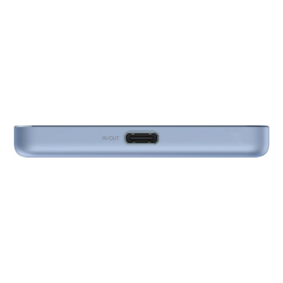 Un dispositivo blu con una porta USB-C centrale etichettata IN/OUT.