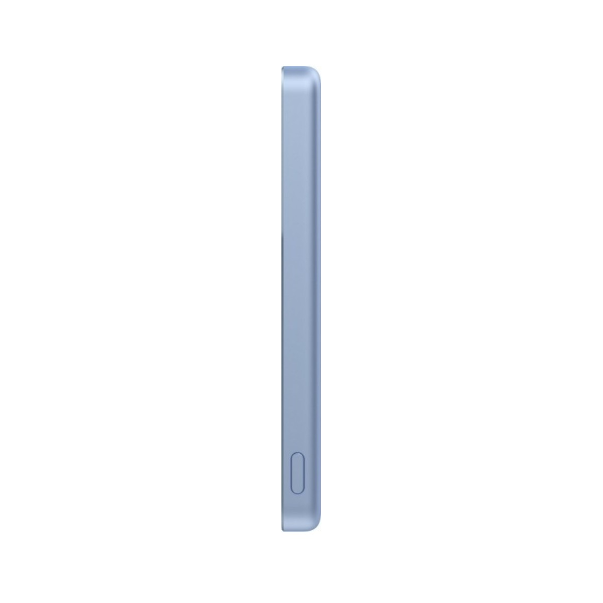 Uno smartphone azzurro di profilo su sfondo bianco.
