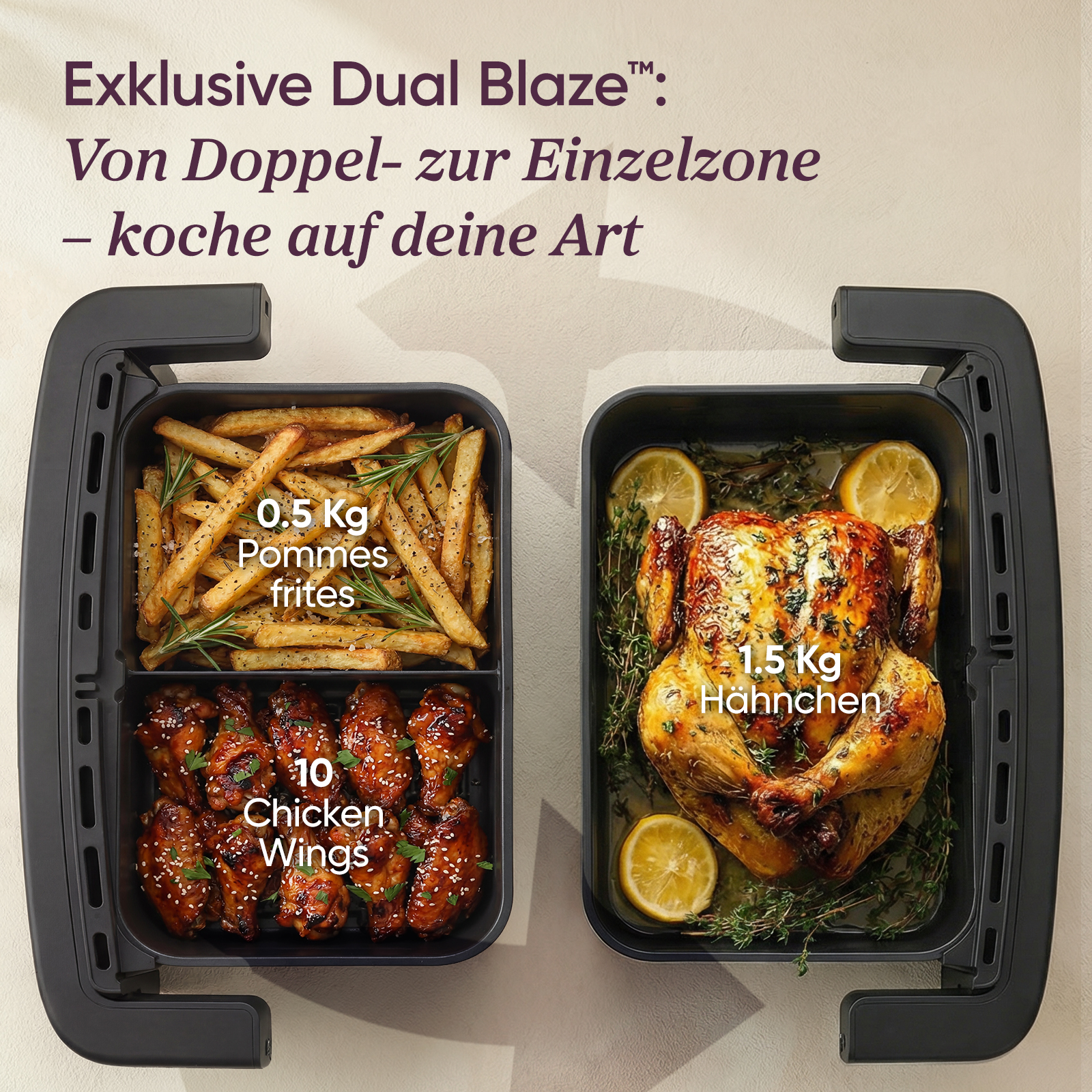 Una friggitrice ad aria con patatine, ali di pollo e un pollo intero.