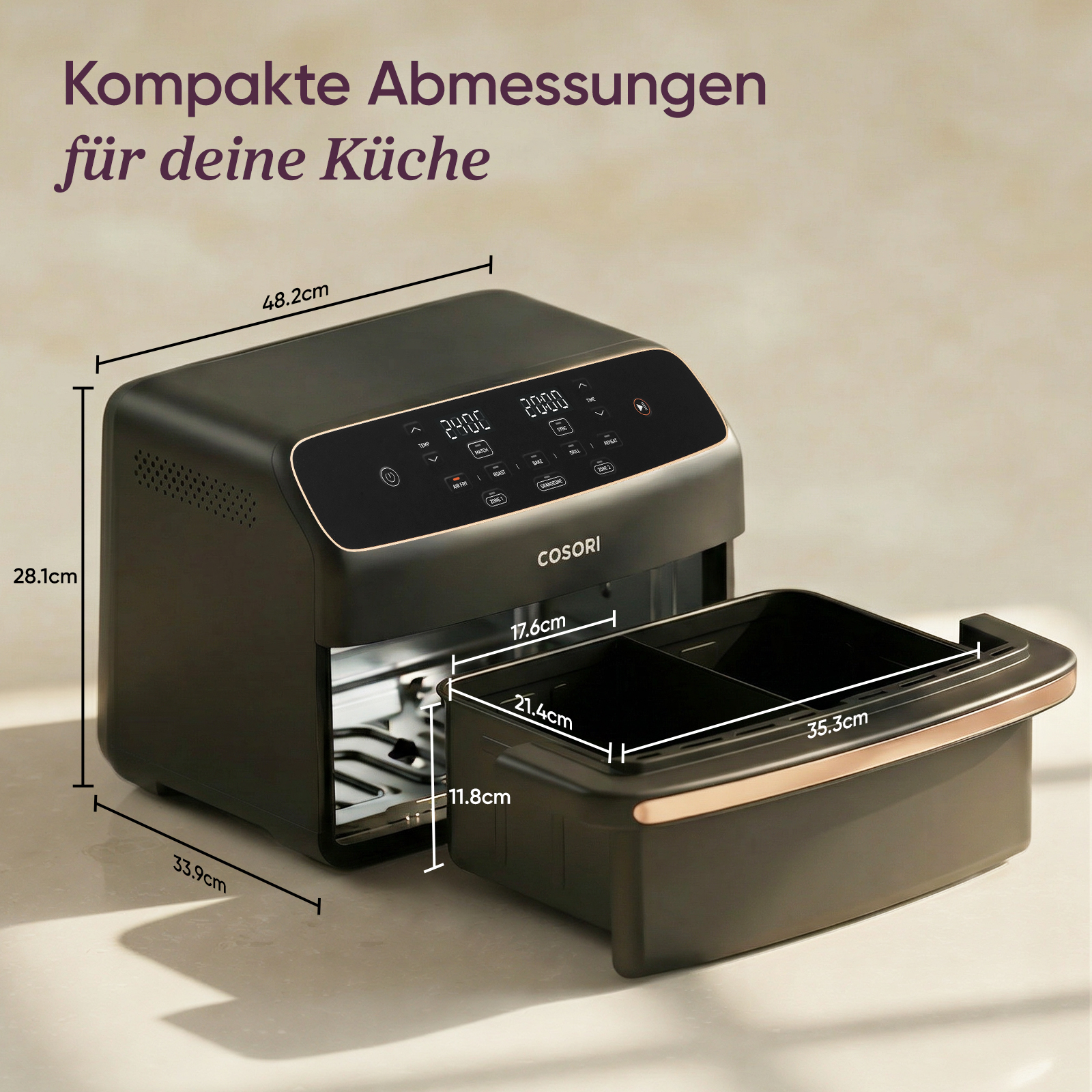 Friggitrice ad aria Cosori nera con cassetto, dimensioni indicate.