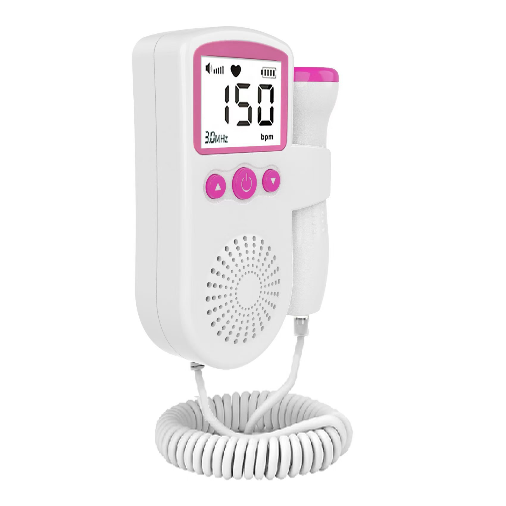 Ein weißer Fötus-Doppler mit rosa Akzenten, der eine Herzfrequenz von 150 bpm anzeigt.