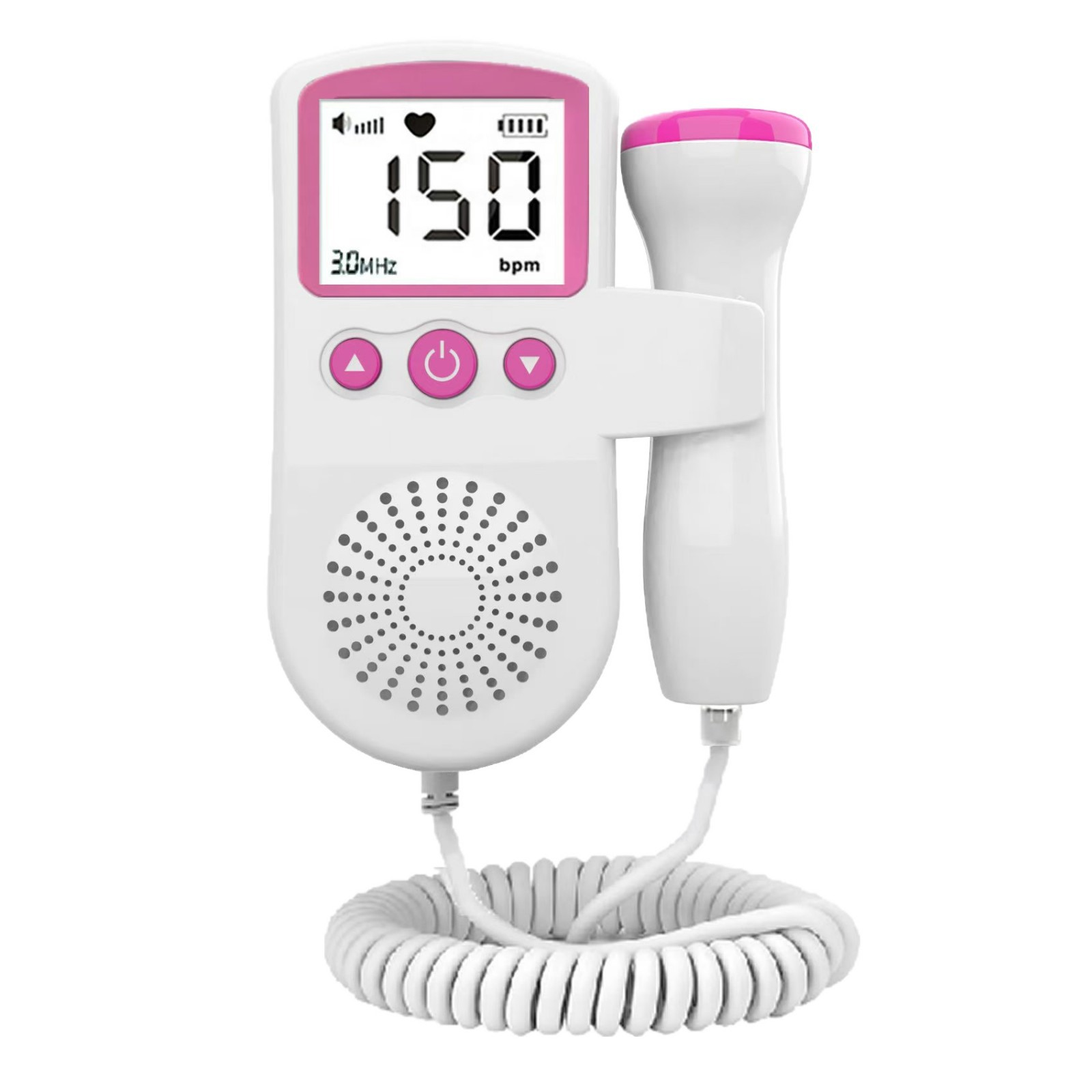 Weißer fetaler Doppler mit rosa Akzenten. Digitalanzeige zeigt 150 bpm.