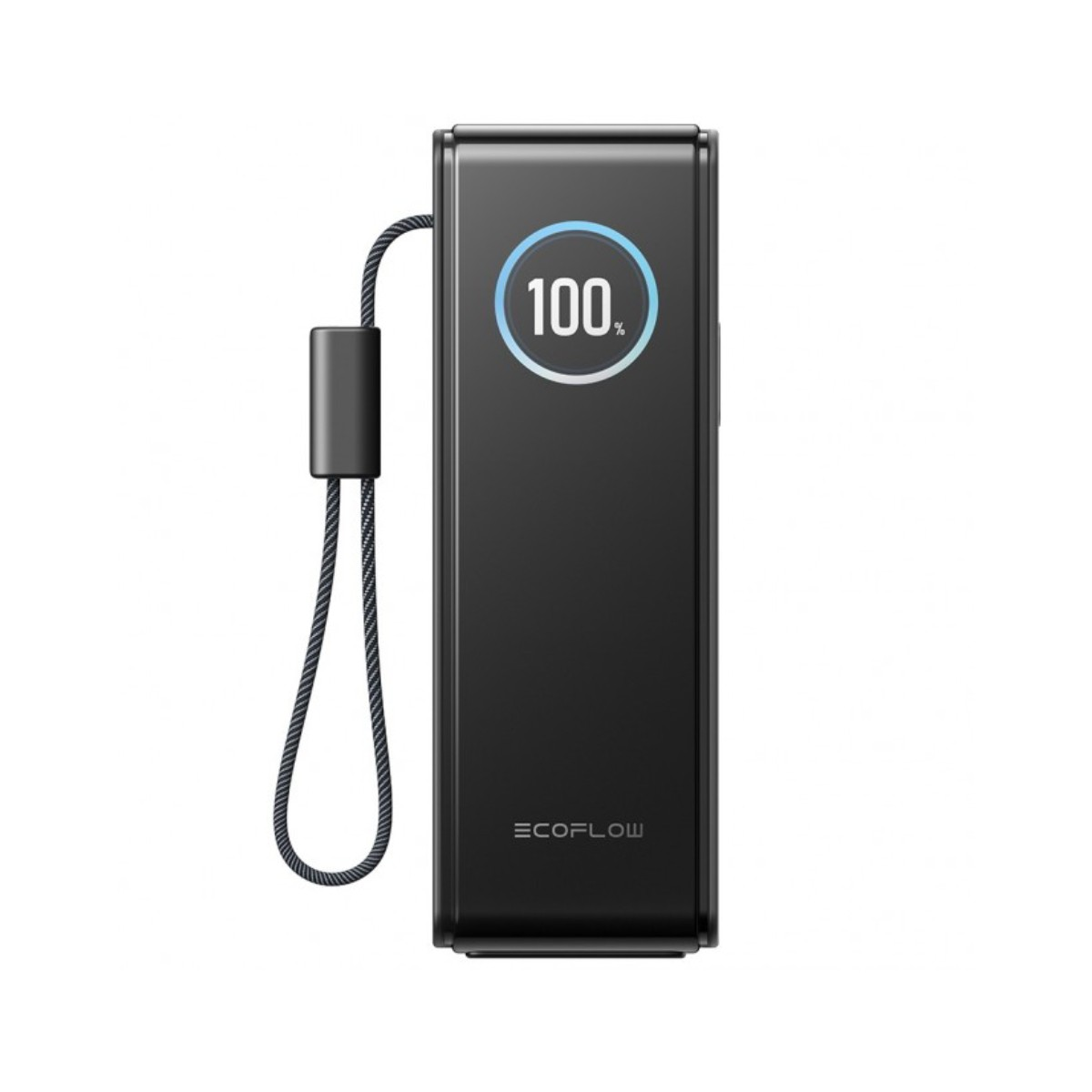 Power bank portatile nero con indicatore di carica al 100% e laccetto.