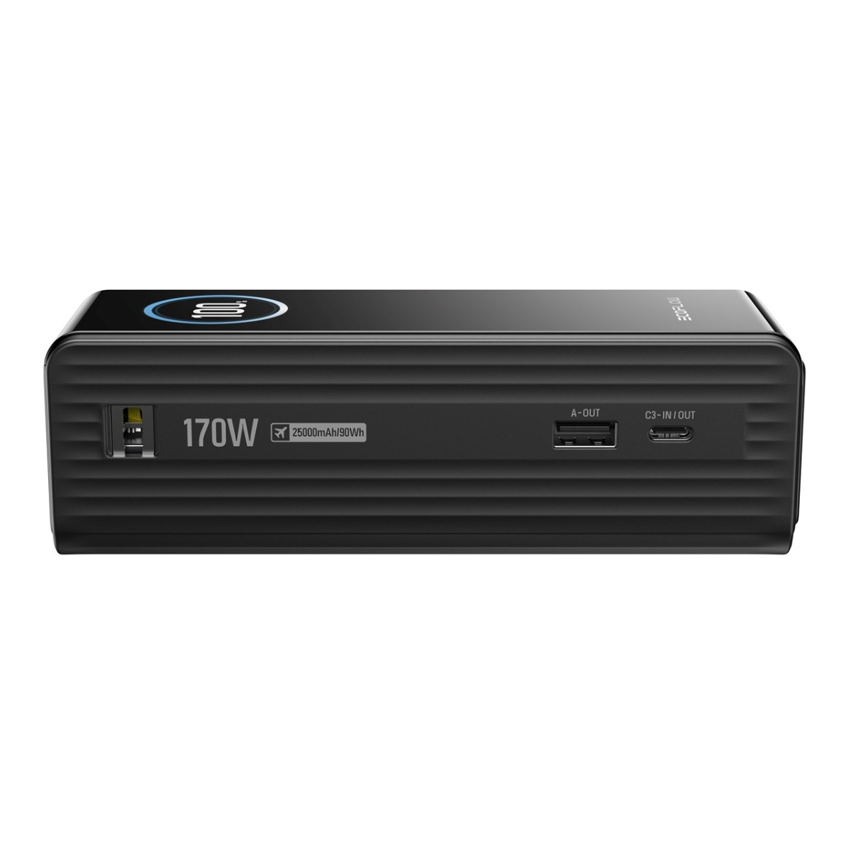 Power bank nero da 170W con 25000mAh, porte USB-A e USB-C.