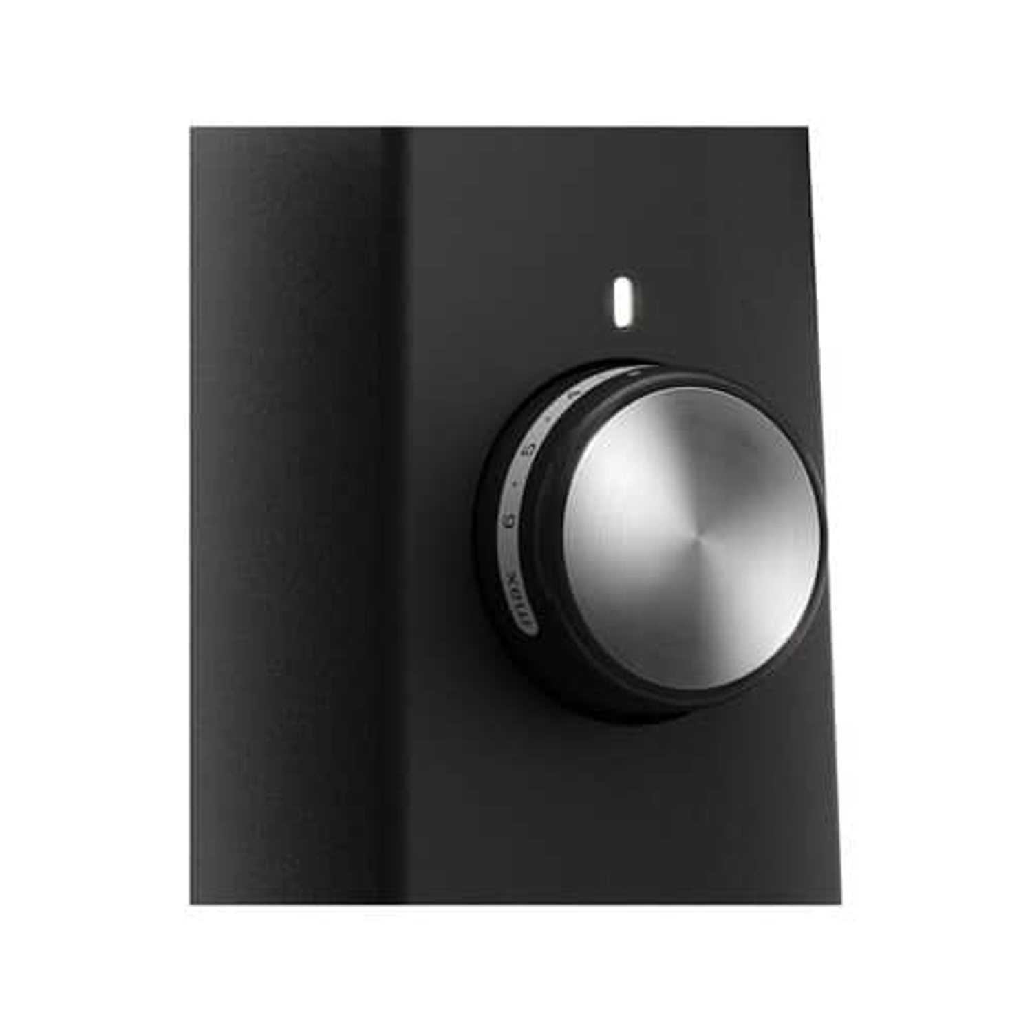 Czarne urządzenie z srebrnym pokrętłem i białym światłem LED.