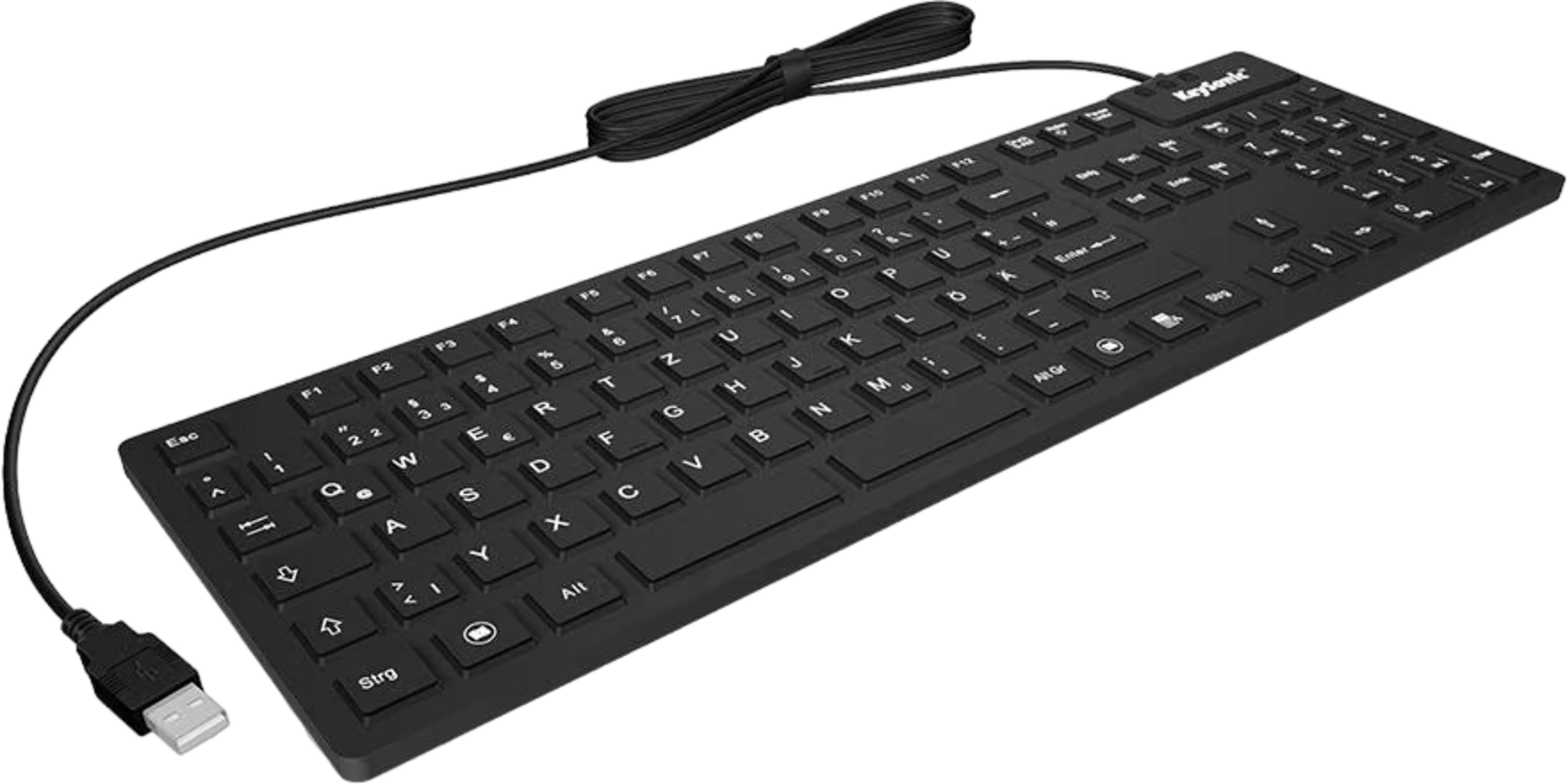 Schwarze KeySonic-Tastatur mit USB-Kabel auf weißem Hintergrund.