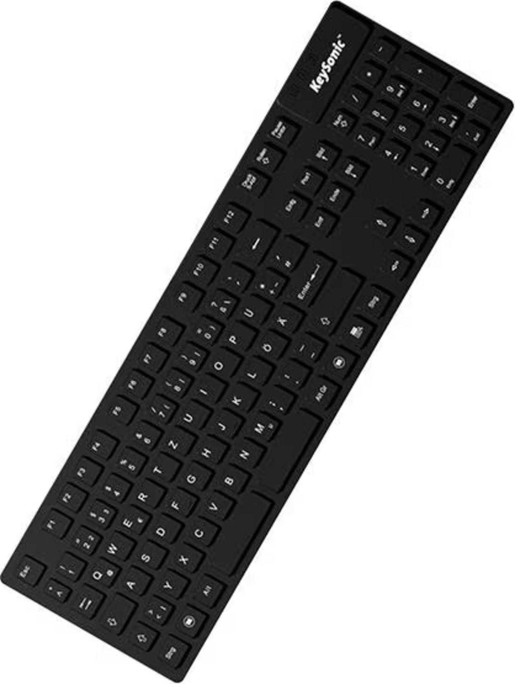Eine schwarze Keysonic-Tastatur ist aus erhöhter Perspektive auf weißem Hintergrund zu sehen.