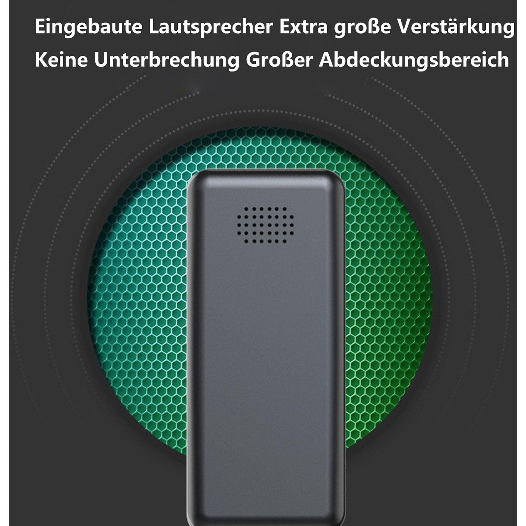 Graues Gerät mit Lautsprechermuster vor grünem Gitterhintergrund.