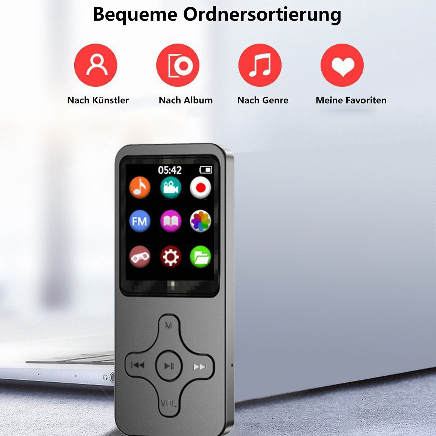 Ein grauer MP3-Player mit Icons für Musik, Video und Spiele auf dem Bildschirm.
