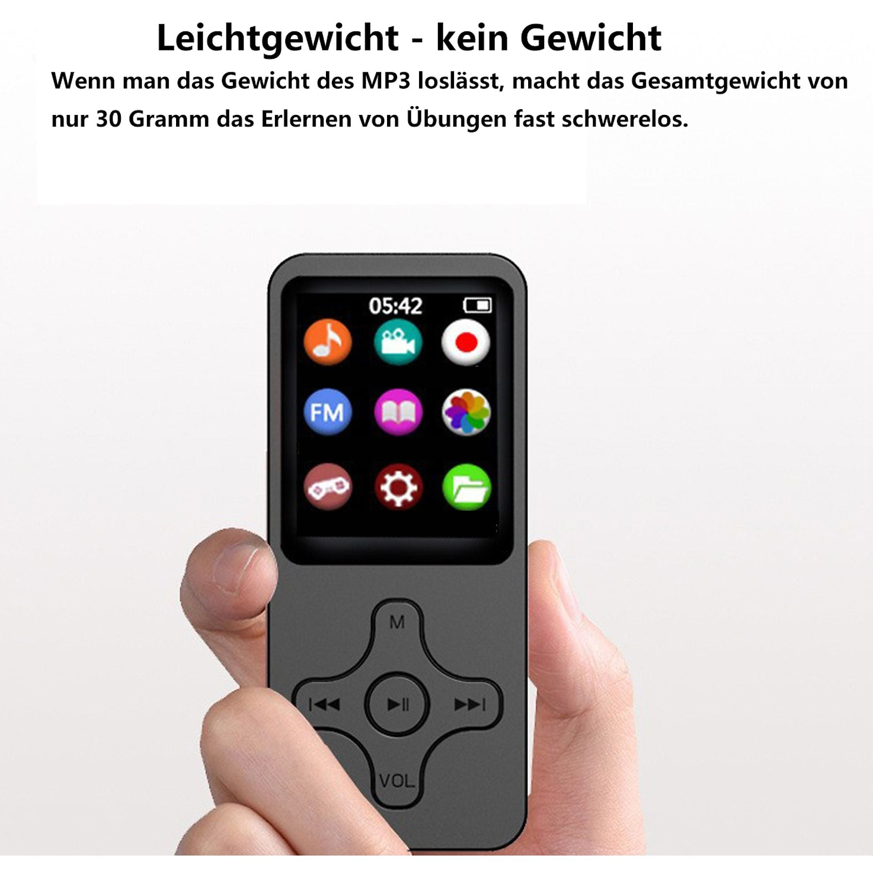 Grauer MP3-Player mit Touchscreen, gehalten in einer Hand. Zeigt Icons und Uhrzeit.