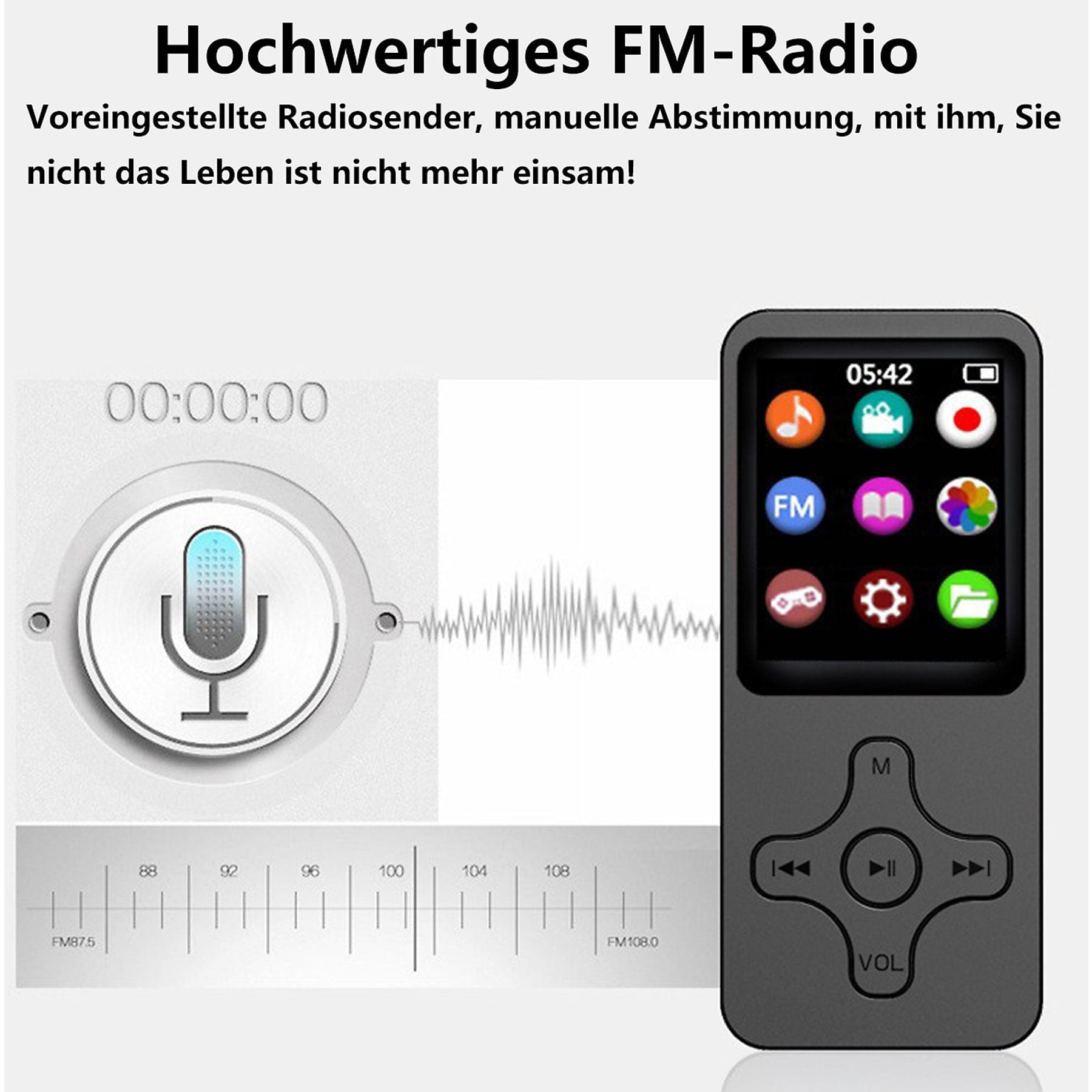 Ein modernes FM-Radio mit Touchscreen und Bedienknöpfen, daneben ein Frequenzregler.