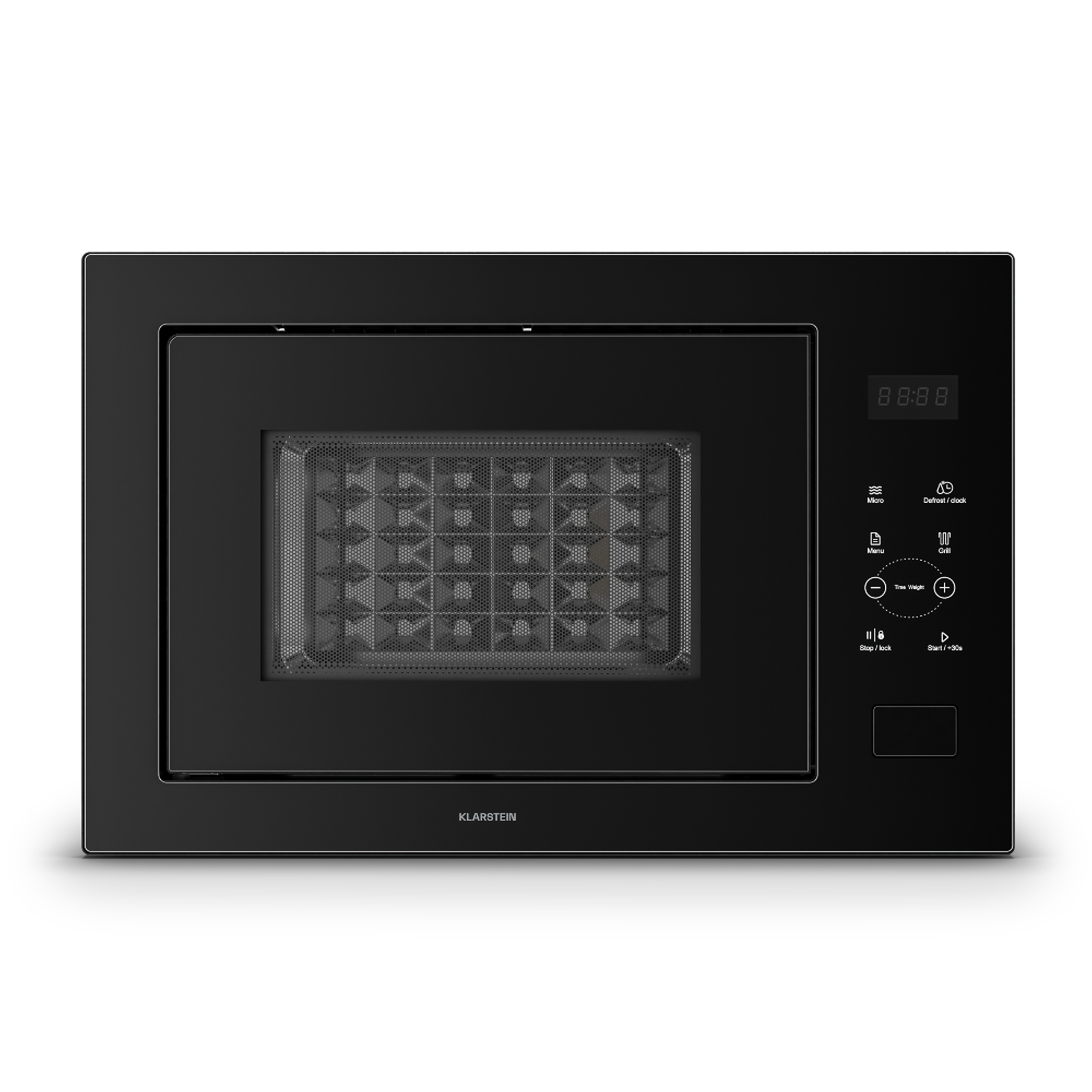Schwarze Mikrowelle mit digitaler Anzeige und Bedienfeld.