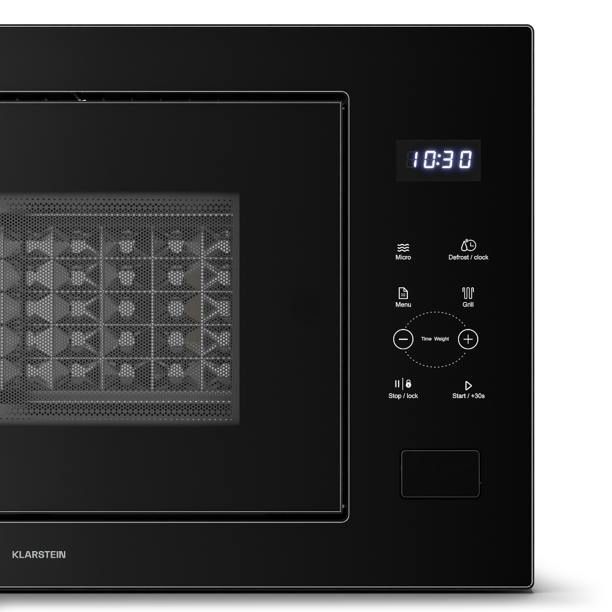 Schwarze Mikrowelle mit digitaler Anzeige 10:30 und Touch-Bedienfeld.