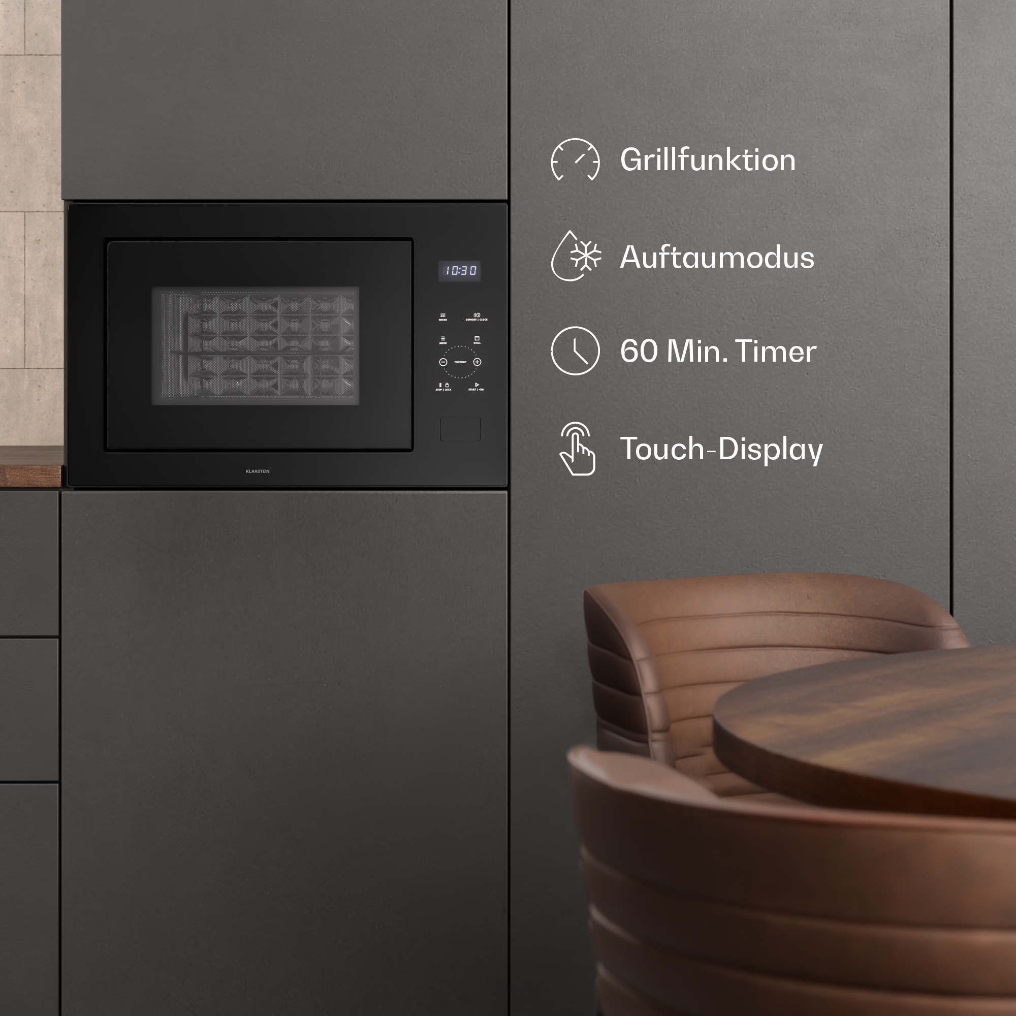 Schwarze Mikrowelle mit Touch-Display, Grillfunktion, Auftaumodus, 60-Min-Timer.