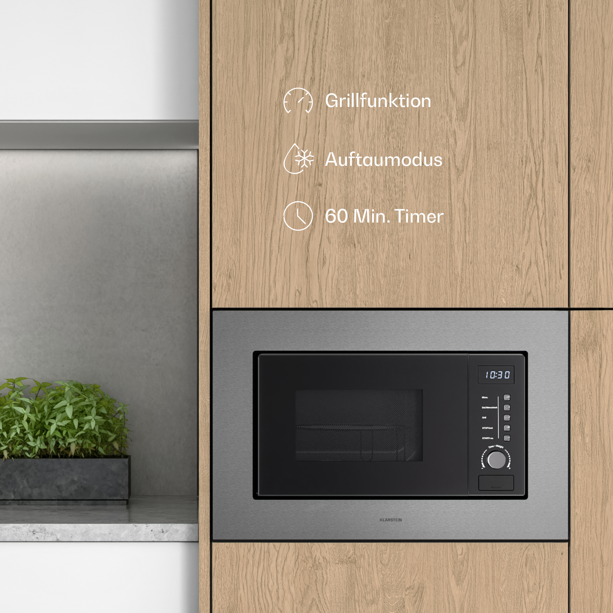 Einbau-Mikrowelle mit Grillfunktion, Auftaufunktion und 60-Minuten-Timer.