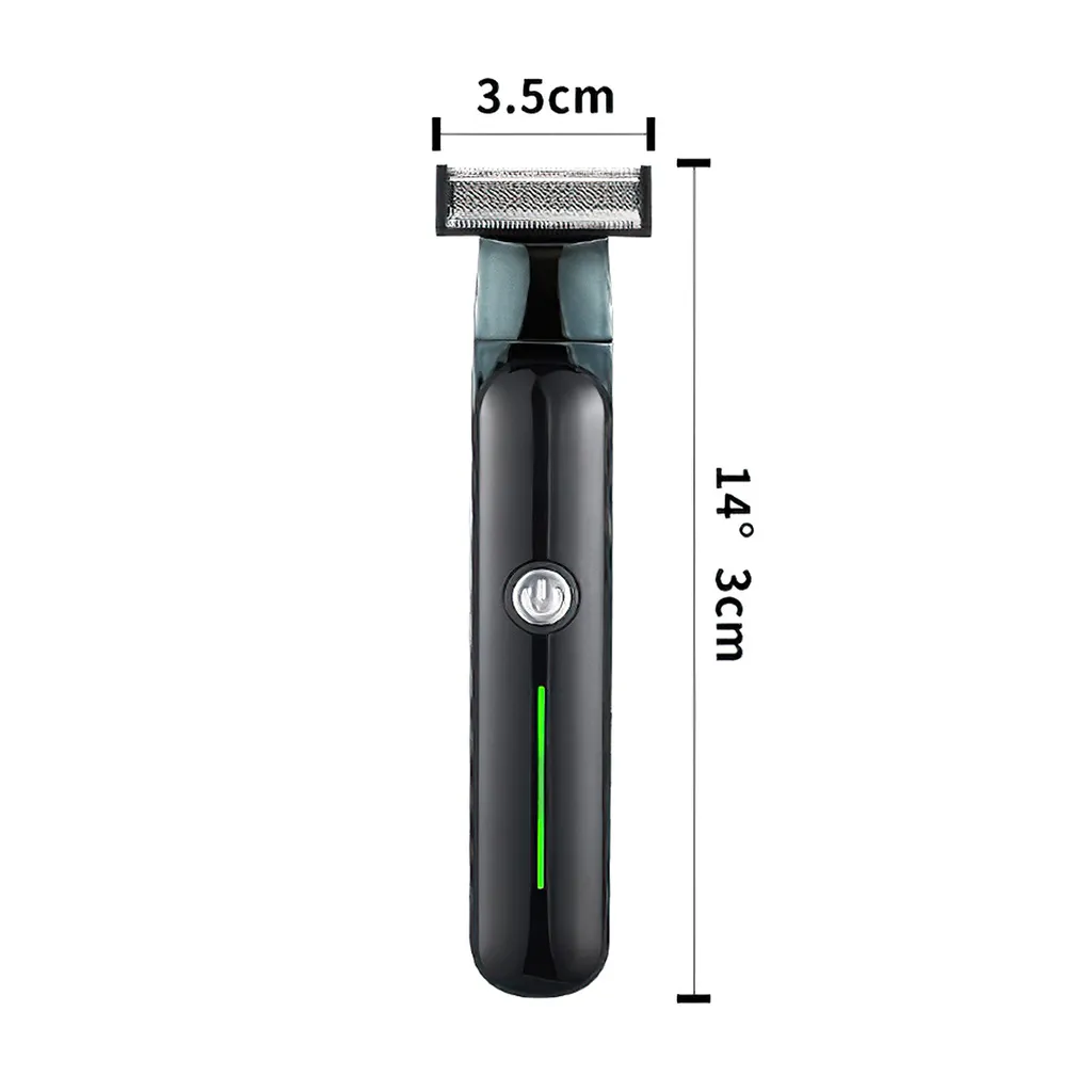 Schwarzer Elektrorasierer, 3,5 cm breit, 14,3 cm lang, mit Ein-/Aus-Taste und grünem Licht.