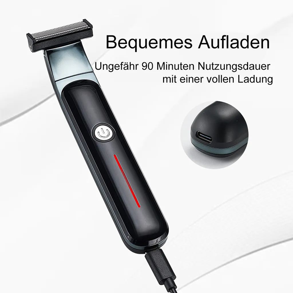 Schwarzer Trimmer lädt per USB mit roter Ladeanzeige. Daneben Ladeanschluss.