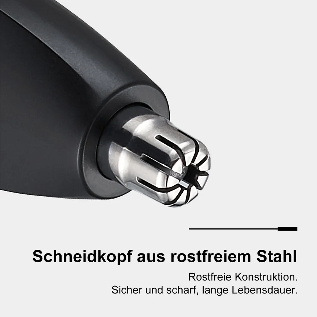 Nahaufnahme eines schwarzen Nasentrimmers mit einem silbernen Schneidkopf aus Edelstahl.