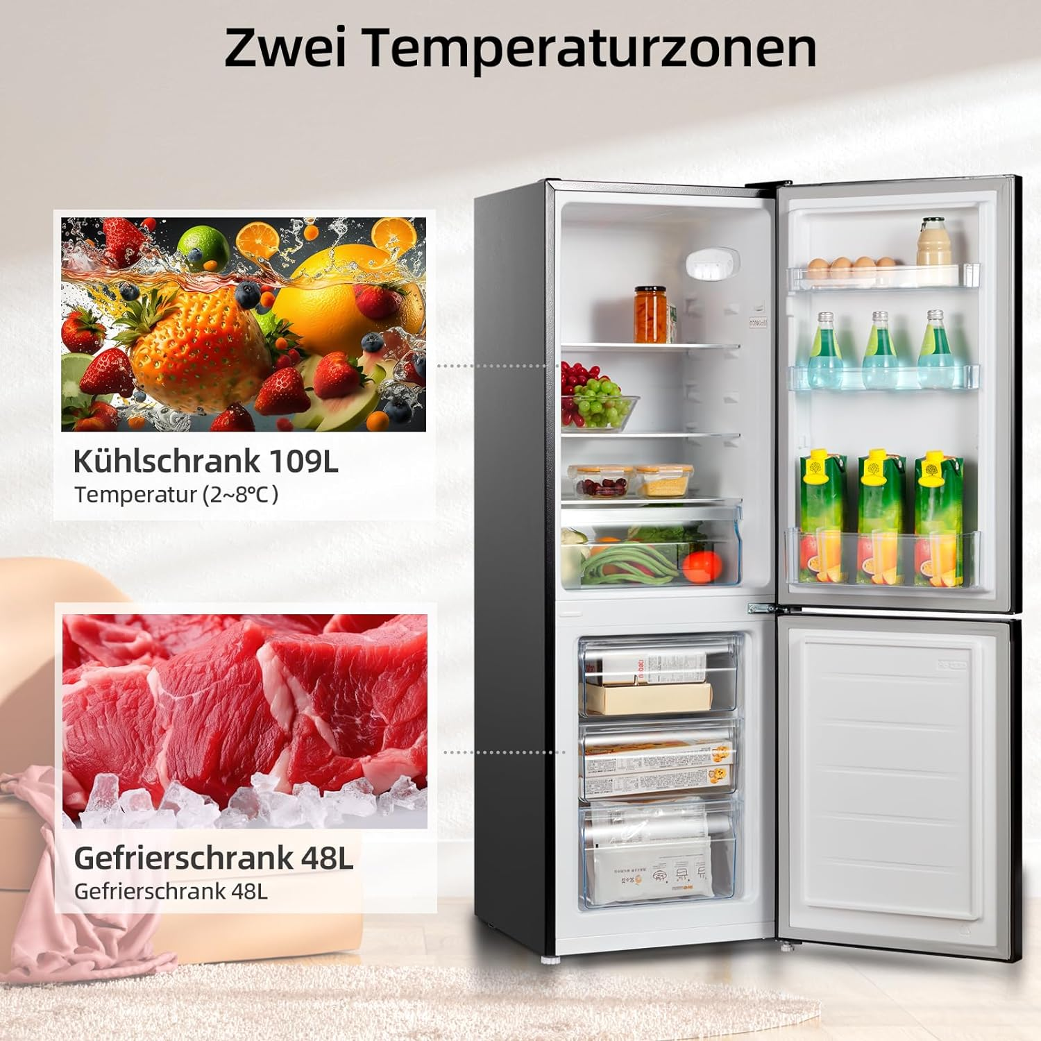 Ein offener Kühlschrank mit zwei Temperaturzonen, Früchten und Fleisch.