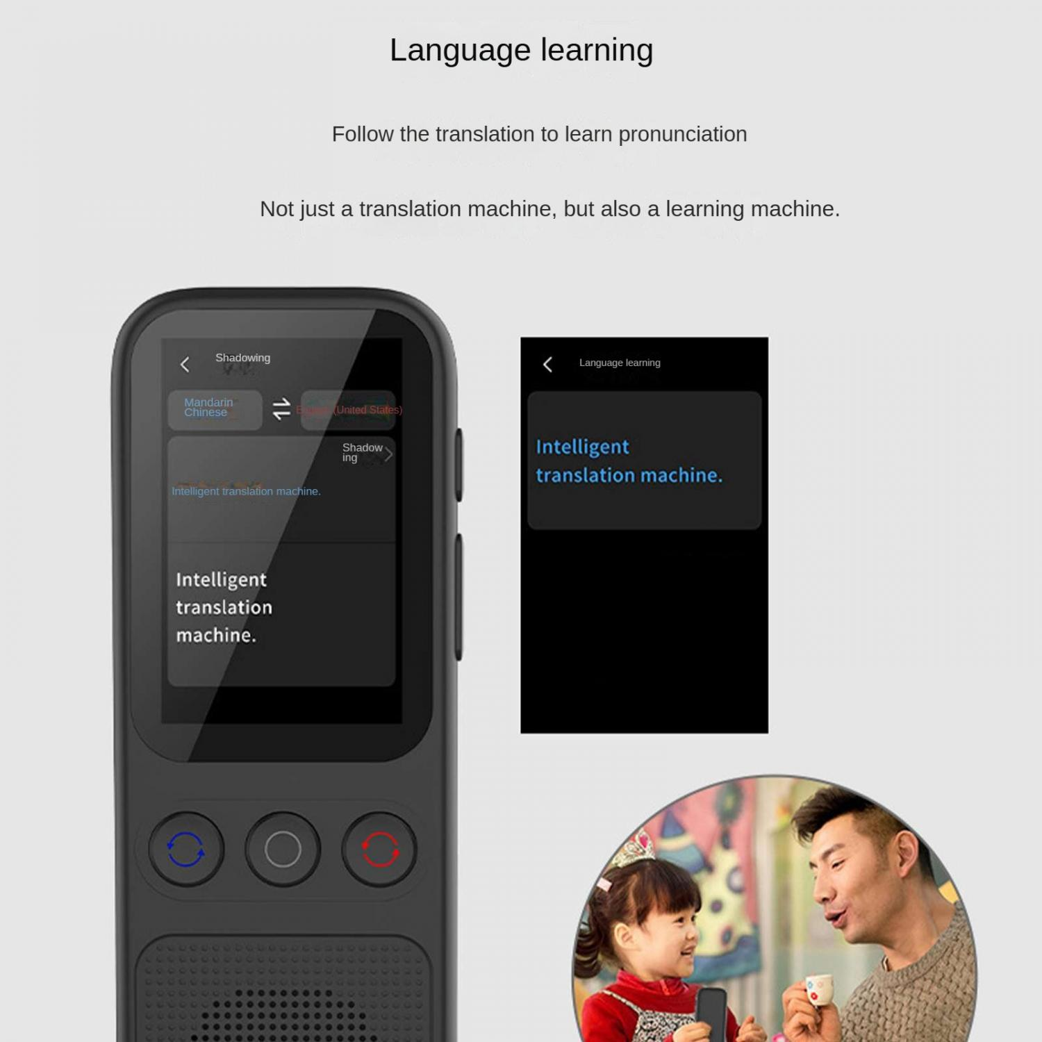 Ein Übersetzungsgerät zeigt Mandarin-Chinesisch nach Englisch. Vater und Kind interagieren.